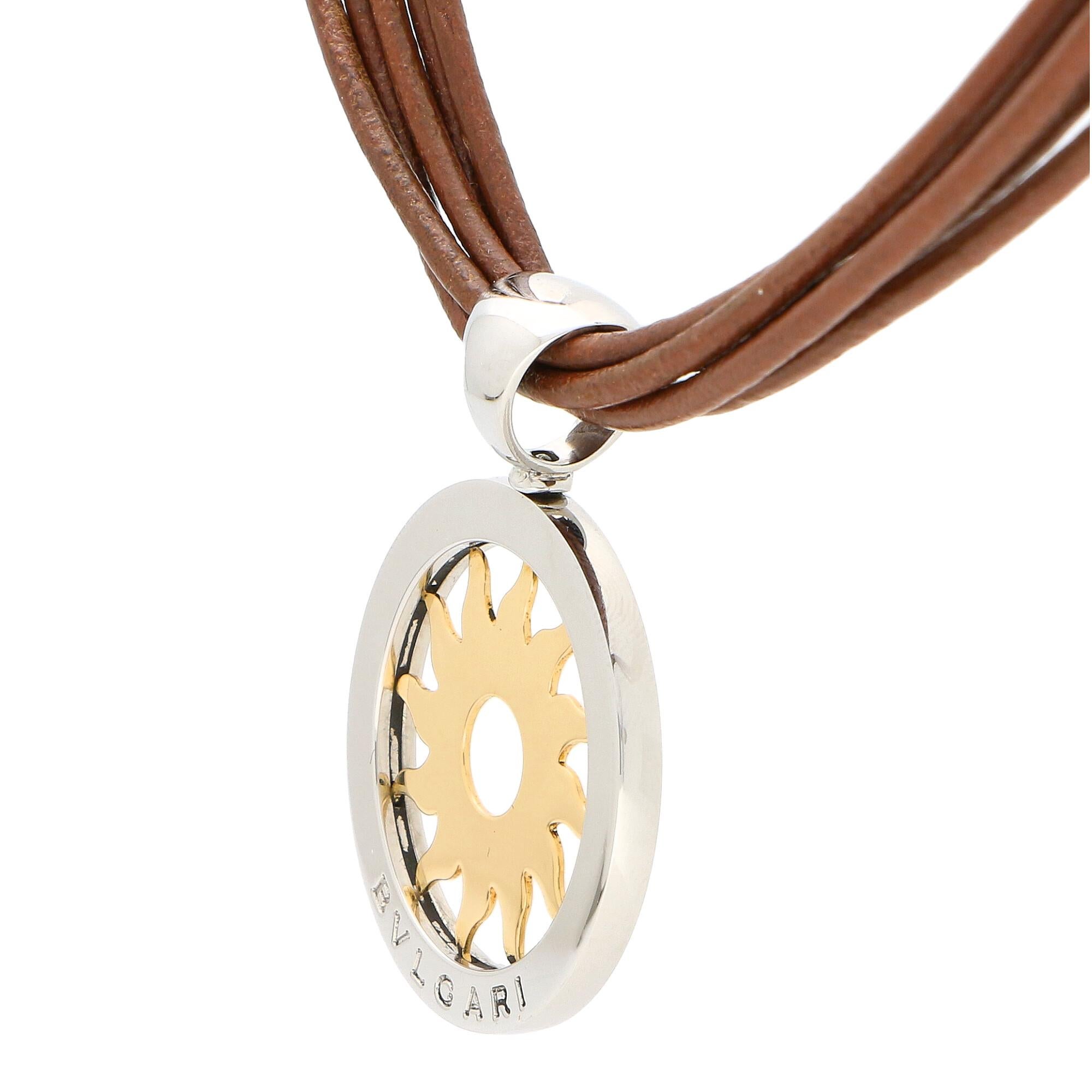 Modern Bvlgari Tondo Sun Pendant in Steel and 18 Karat Yellow Gold with Leather Chain
