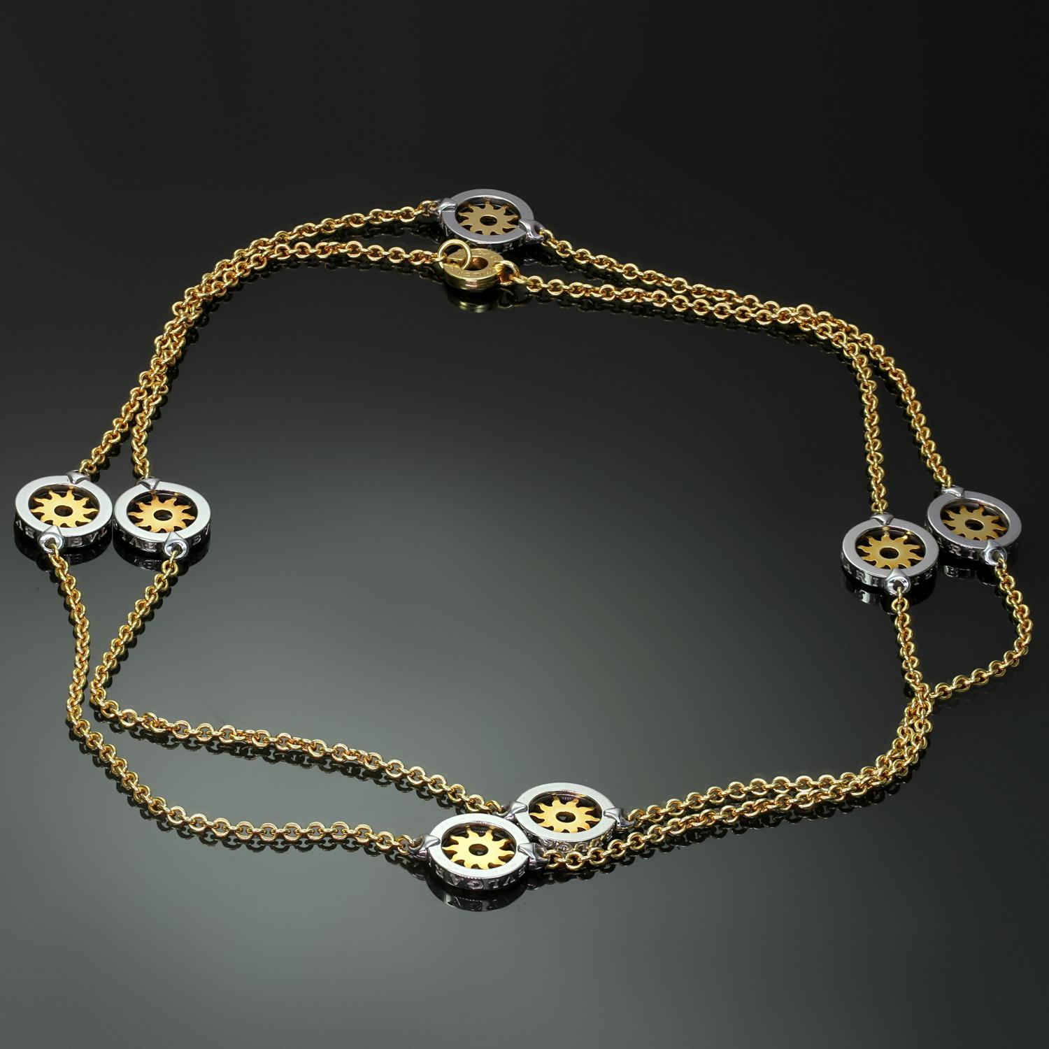 This fabulous Bulgari Long Sautoir Necklace features a chain design accented with 7 Bvlgari-inscpired Tondo Sun motifs crafted in 18k yellow gold and stainless steel. Made in Italy circa 2010s. Measurements: 0.59