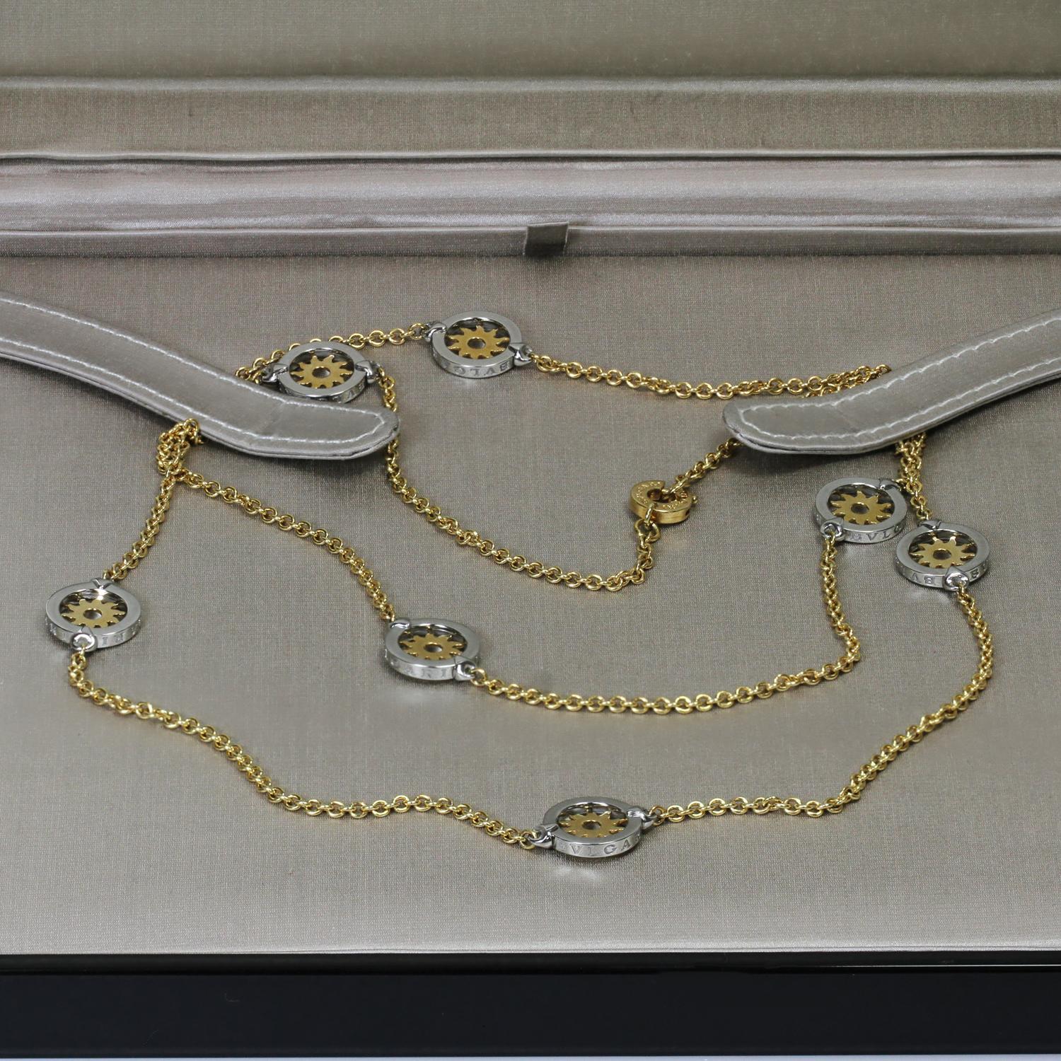 Bvlgari Tondo Sun Yellow Gold Steel Long Sautoir Necklace Box In Excellent Condition In New York, NY