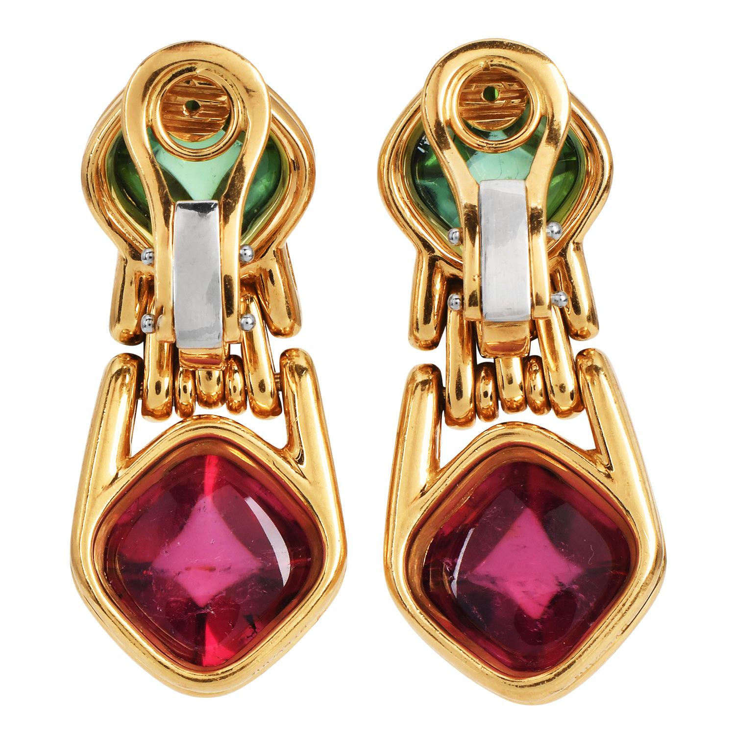Cabochon Bvlgari Tourmaline Peridot 18K Gold Sugarloaf Drop Earrings For Sale