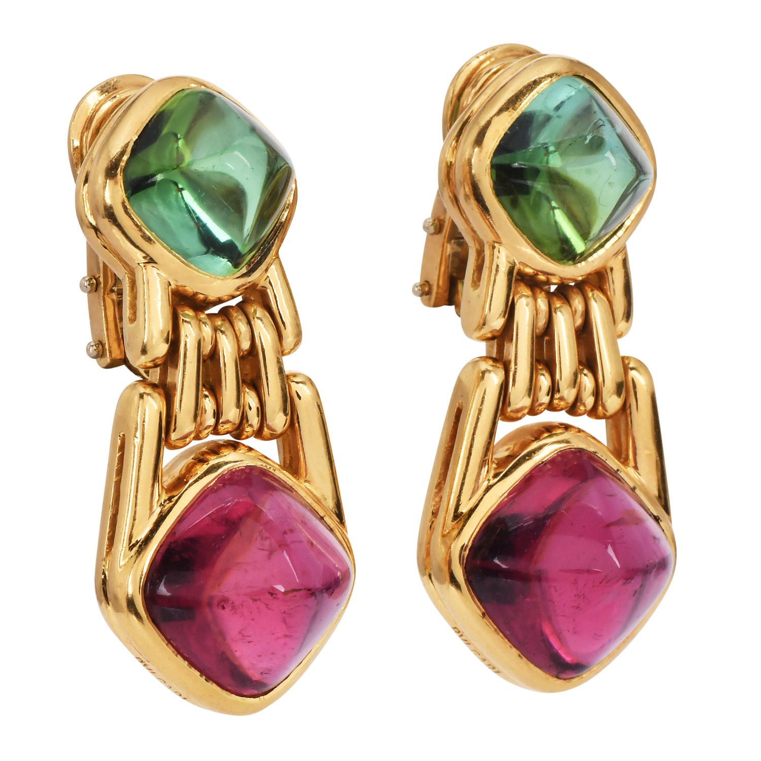 Bvlgari Tourmaline Peridot 18K Gold Sugarloaf Drop Earrings In Excellent Condition For Sale In Miami, FL
