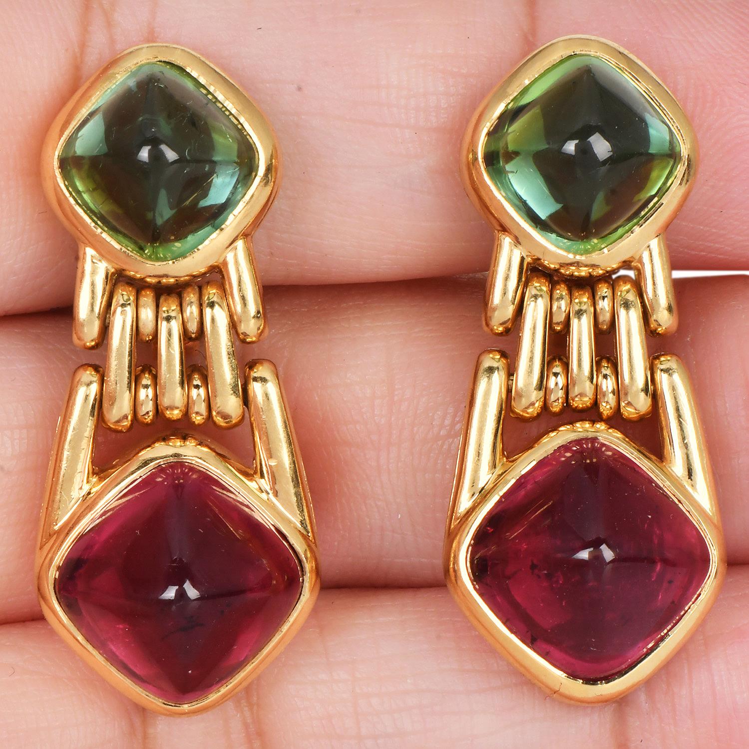 Women's Bvlgari Tourmaline Peridot 18K Gold Sugarloaf Drop Earrings For Sale