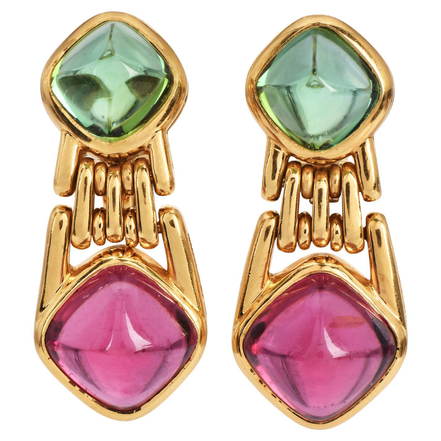 Bvlgari Tourmaline Peridot 18K Gold Sugarloaf Drop Earrings For Sale