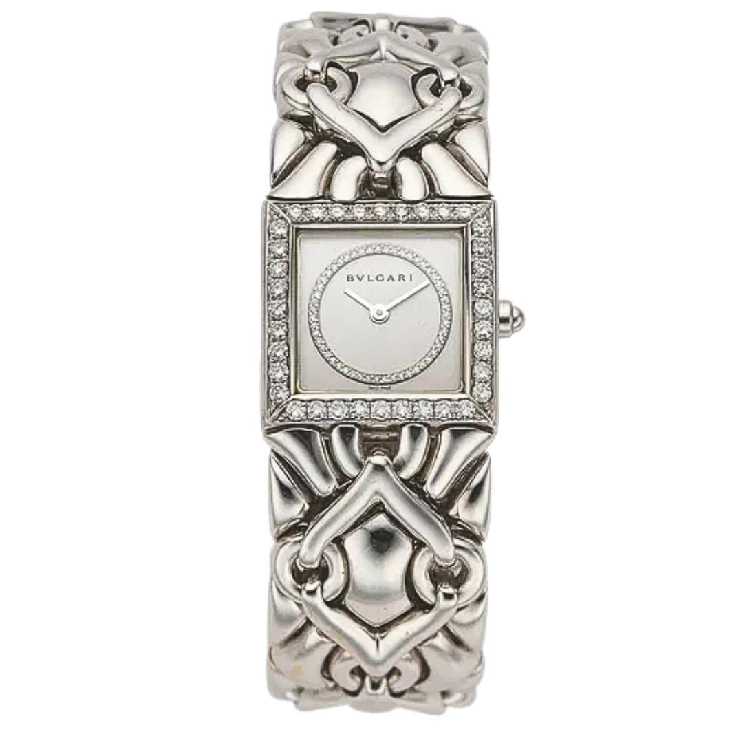 Bvlgari Trika Diamond 18K White Gold Integral Bracelet Square Watch Full Set For Sale 4