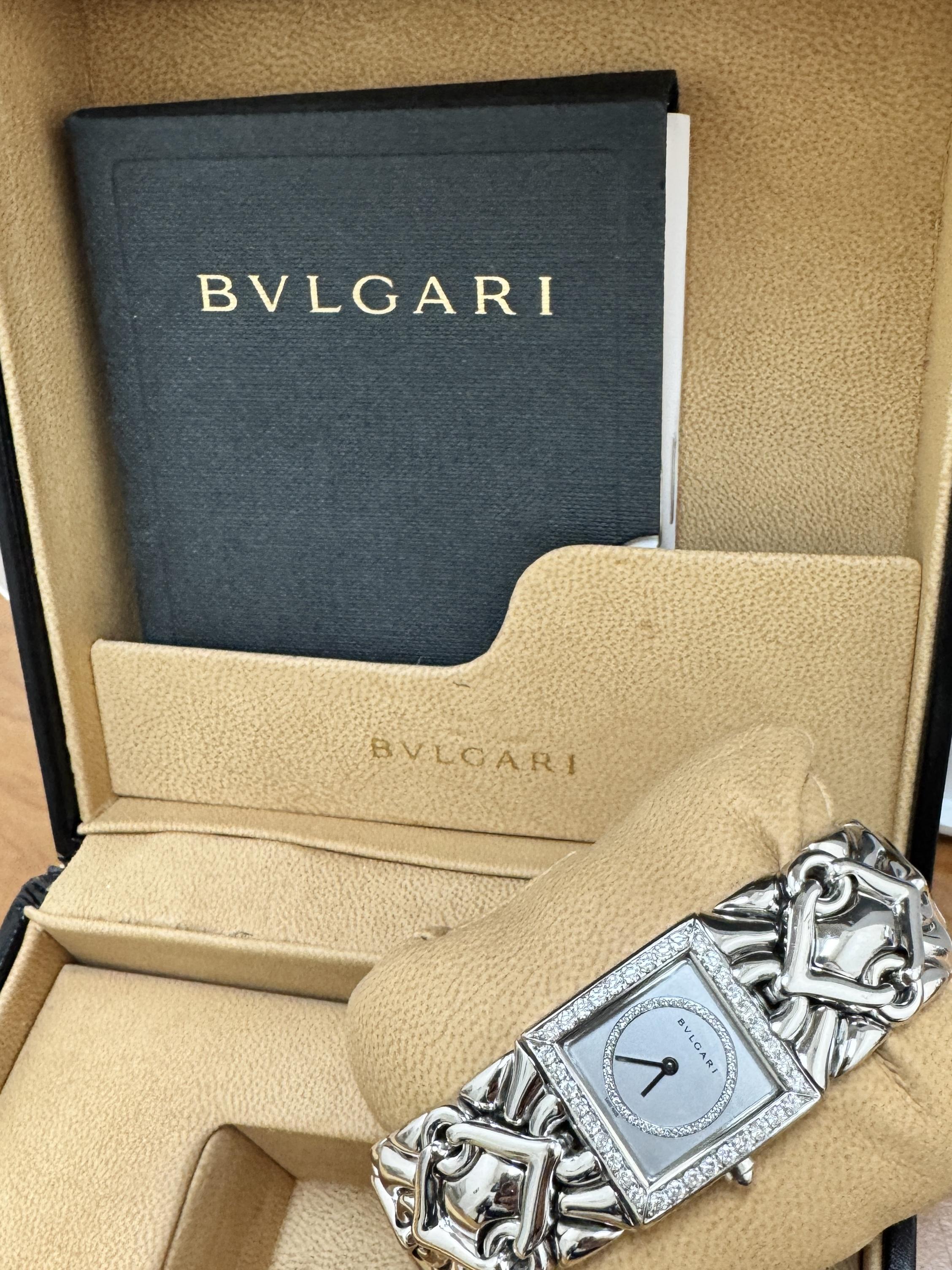 Modern Bvlgari Trika Diamond 18K White Gold Integral Bracelet Square Watch Full Set For Sale