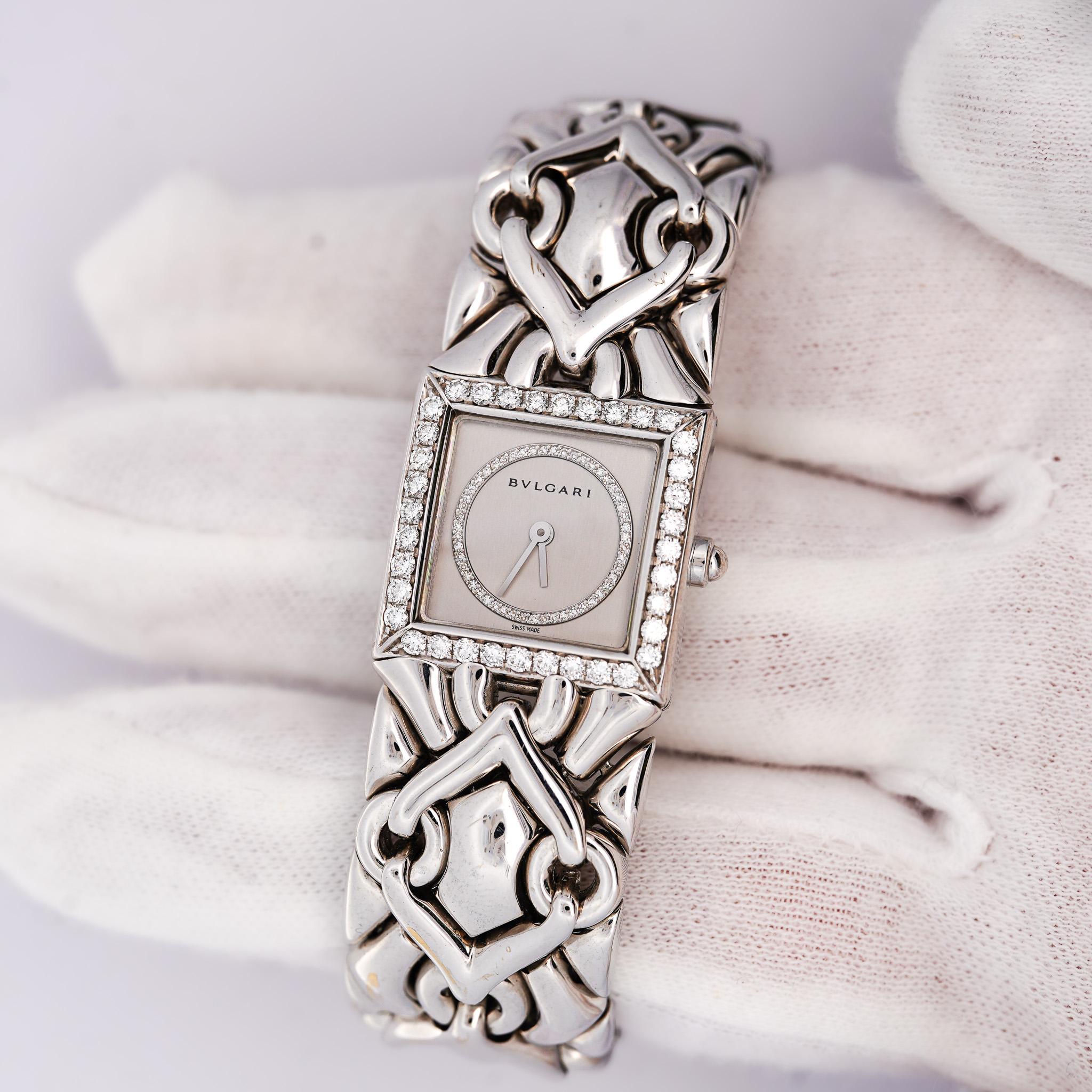Single Cut Bvlgari Trika Diamond 18K White Gold Integral Bracelet Square Watch Full Set For Sale
