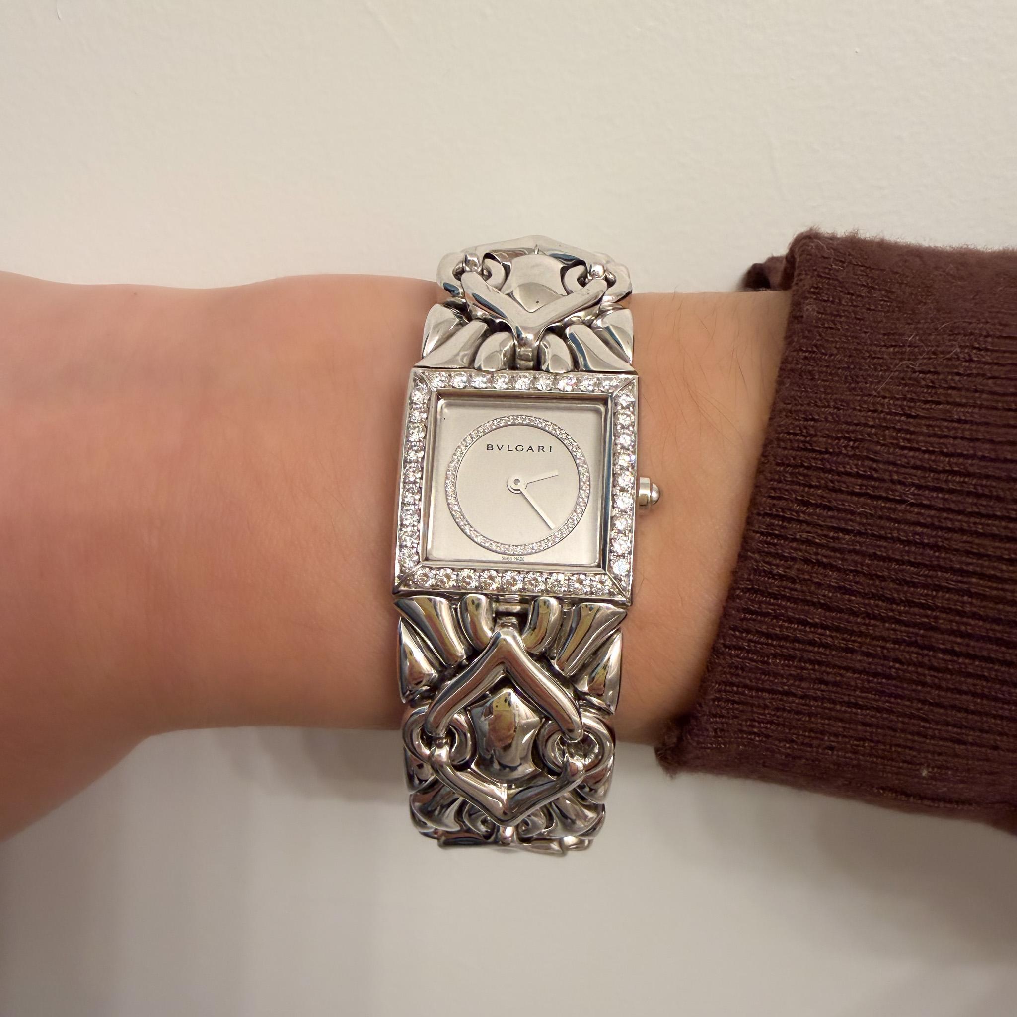 Bvlgari Trika Diamond 18K White Gold Integral Bracelet Square Watch Full Set In Excellent Condition For Sale In Miami, FL