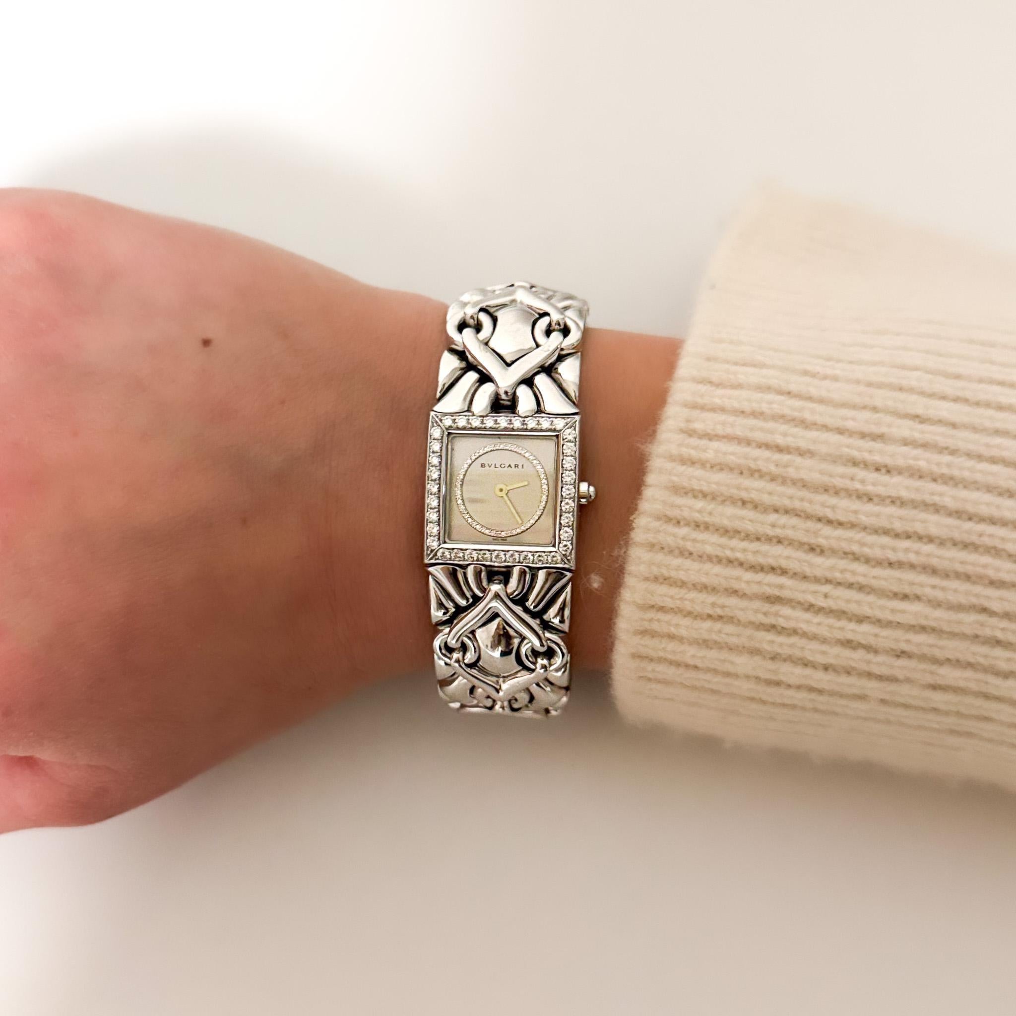 Women's Bvlgari Trika Diamond 18K White Gold Integral Bracelet Square Watch Full Set For Sale