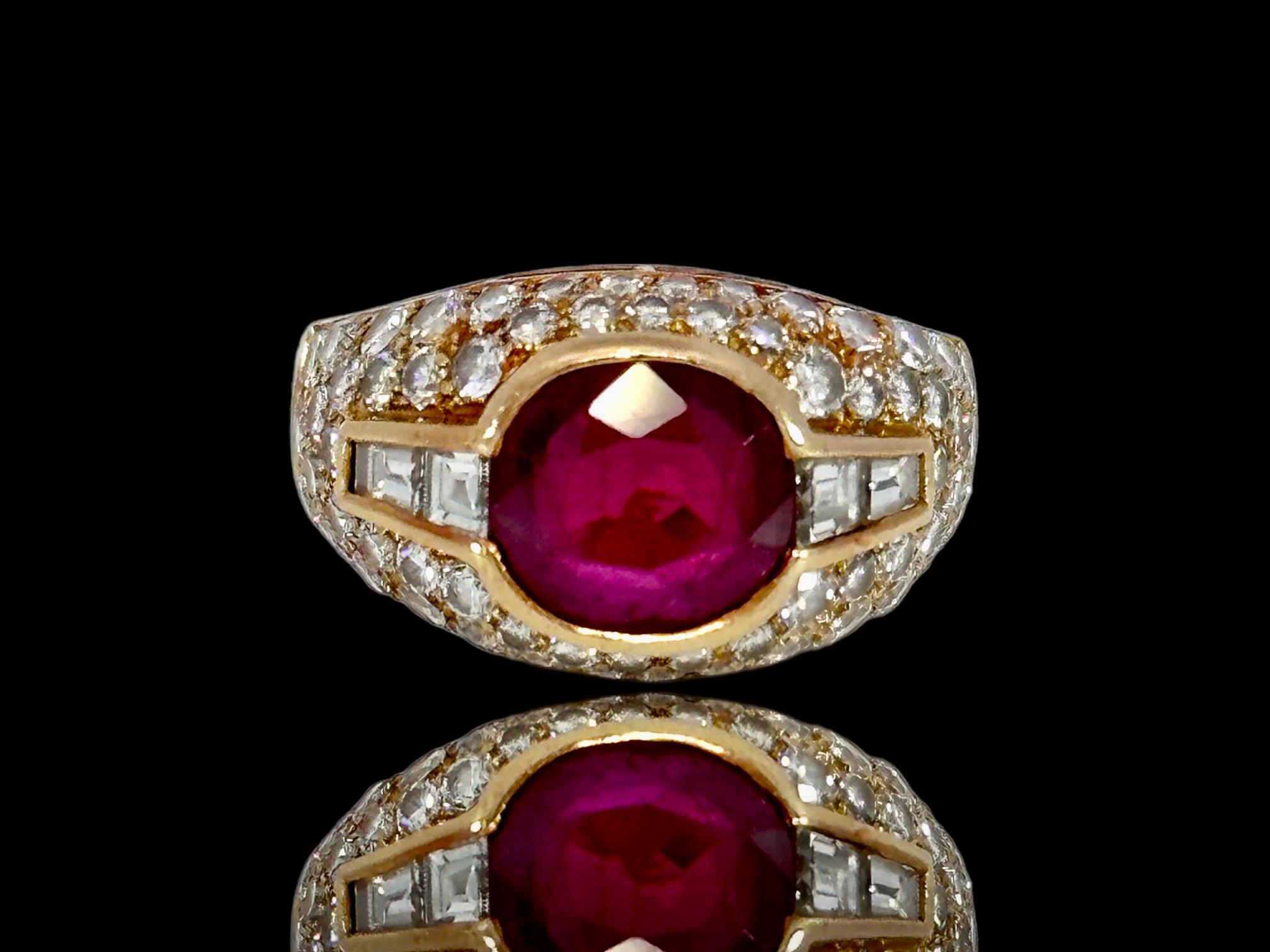 Bvlgari Trombino 18kt Yellow Gold Ring With 2.09ct Ruby and 1.12ct Diamonds from Estate Sultan Qaboos Bin Said of Oman

Comes with GRS certificate

Ruby: Natural red ruby, brilliant cut, oval shape 2.09ct, Origin Siam Thailand 

Diamonds: brilliant