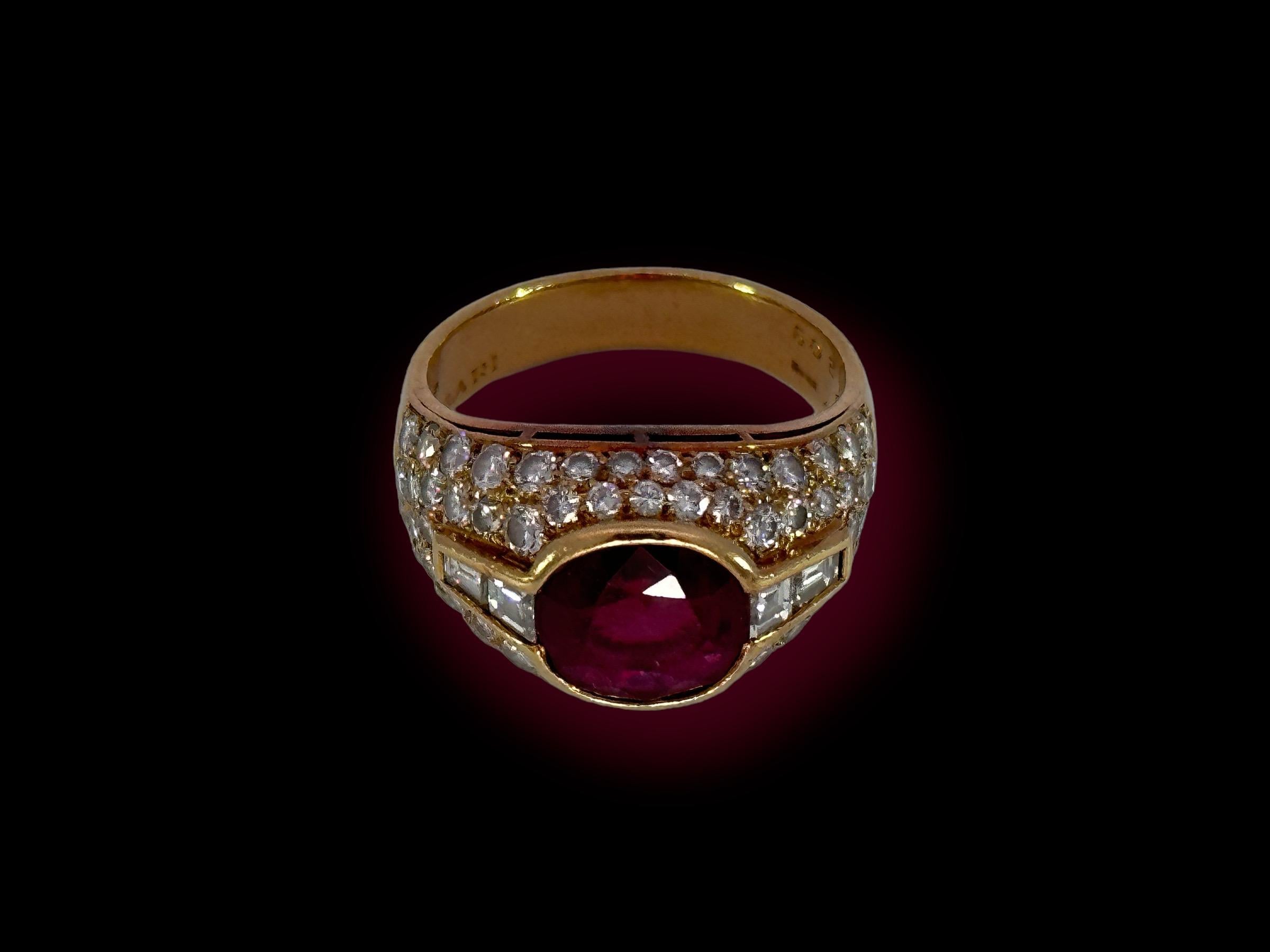 Women's or Men's Bvlgari Trombino 18kt Yellow Gold Ring 2.09ct Ruby & Diamonds With GRS Cert For Sale