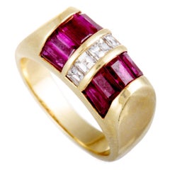 Bvlgari Tronchetto 18 Karat Gold Asscher Cut Diamonds and Ruby Baguettes Ring