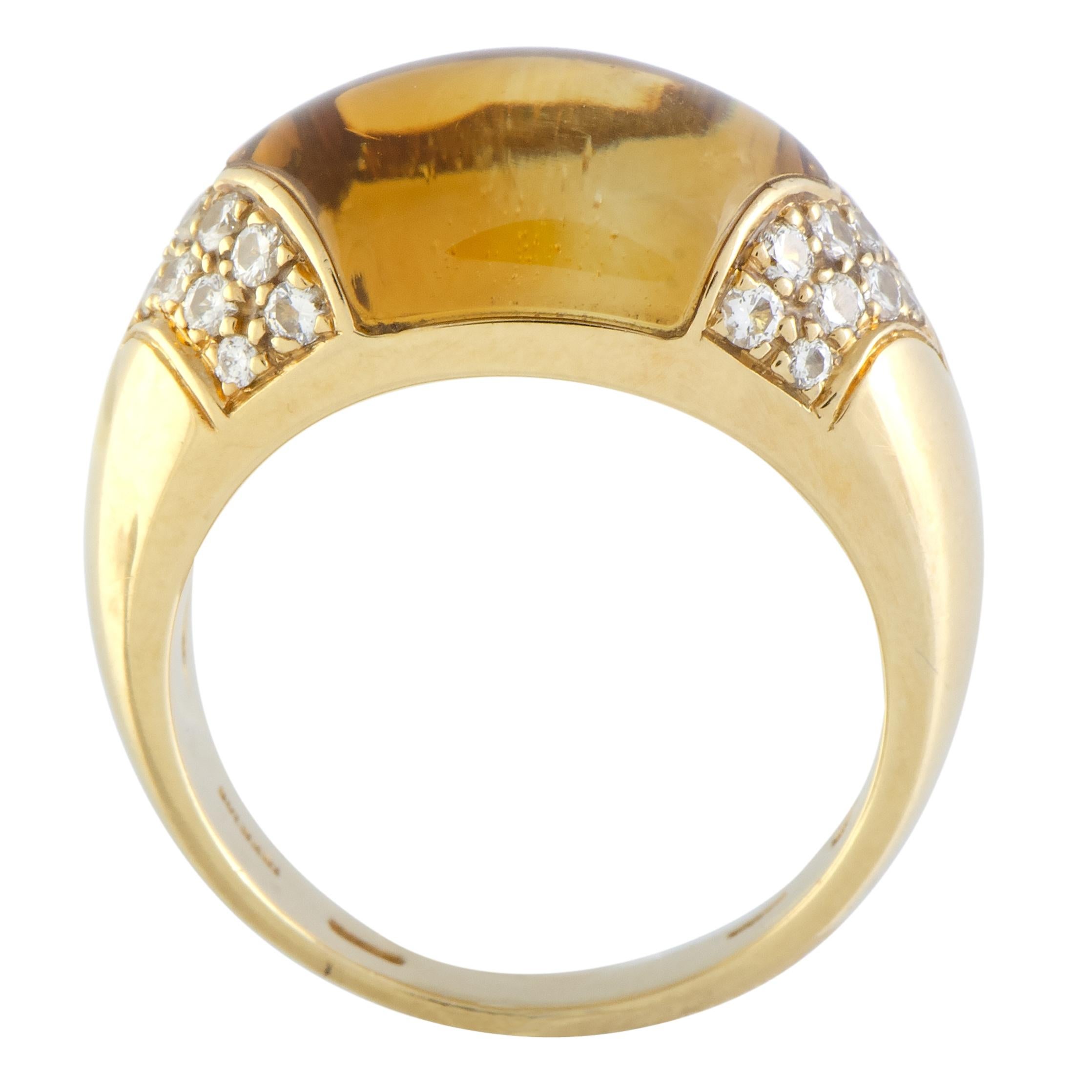 Gently immersed into the radiant 18K yellow gold in order to fit seamlessly into the perfectly smooth shape, the marvelous citrine stone also provides irresistible color in this stunning ring from Bvlgari which also boasts glistening diamonds for a