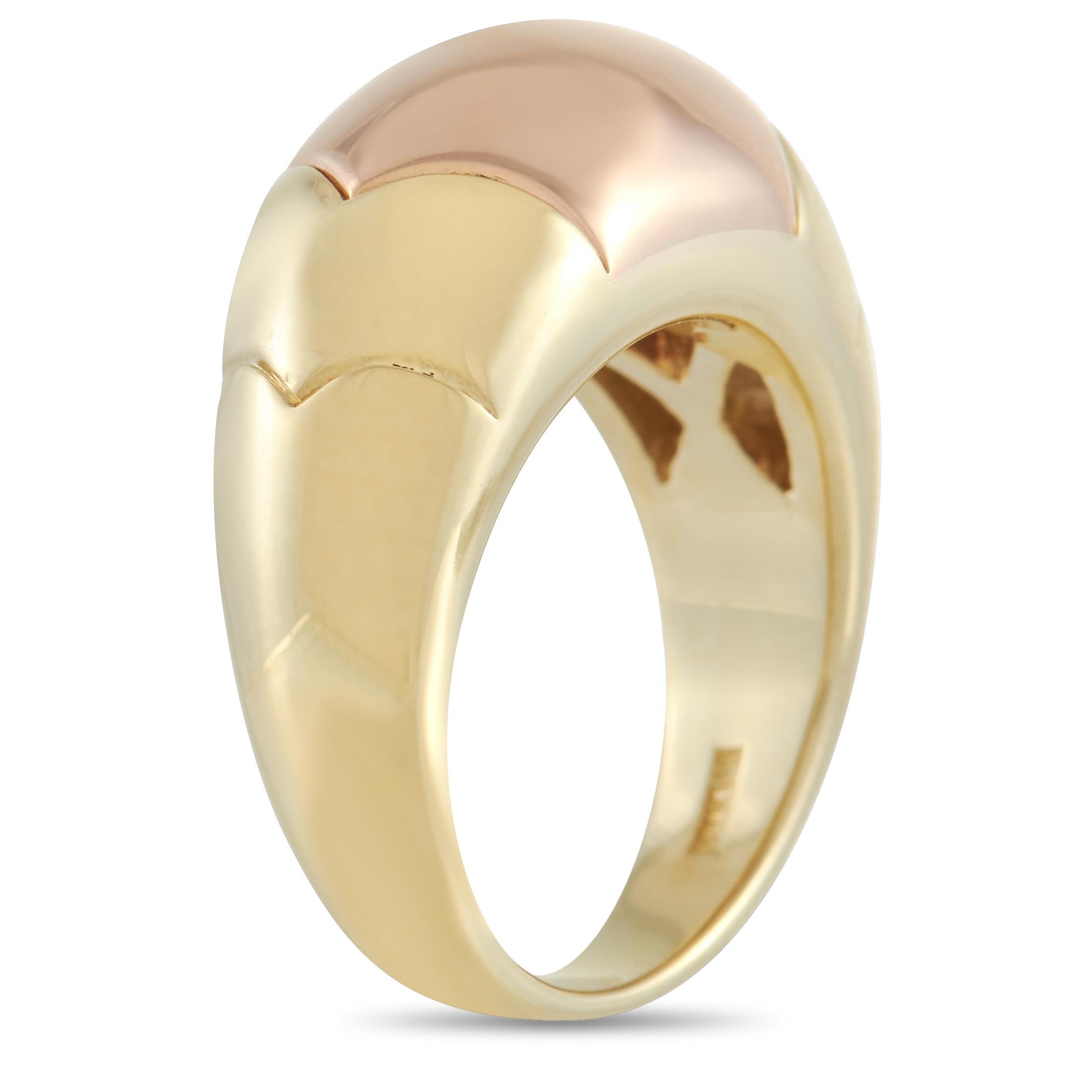 This Bvlgari Tronchetto proves that a luxury piece doesn’t need glittering gemstones to make a stylish statement. This two-toned ring features a 4mm wide band crafted from opulent 18K yellow gold. At the center, you’ll find a chic 18K rose gold