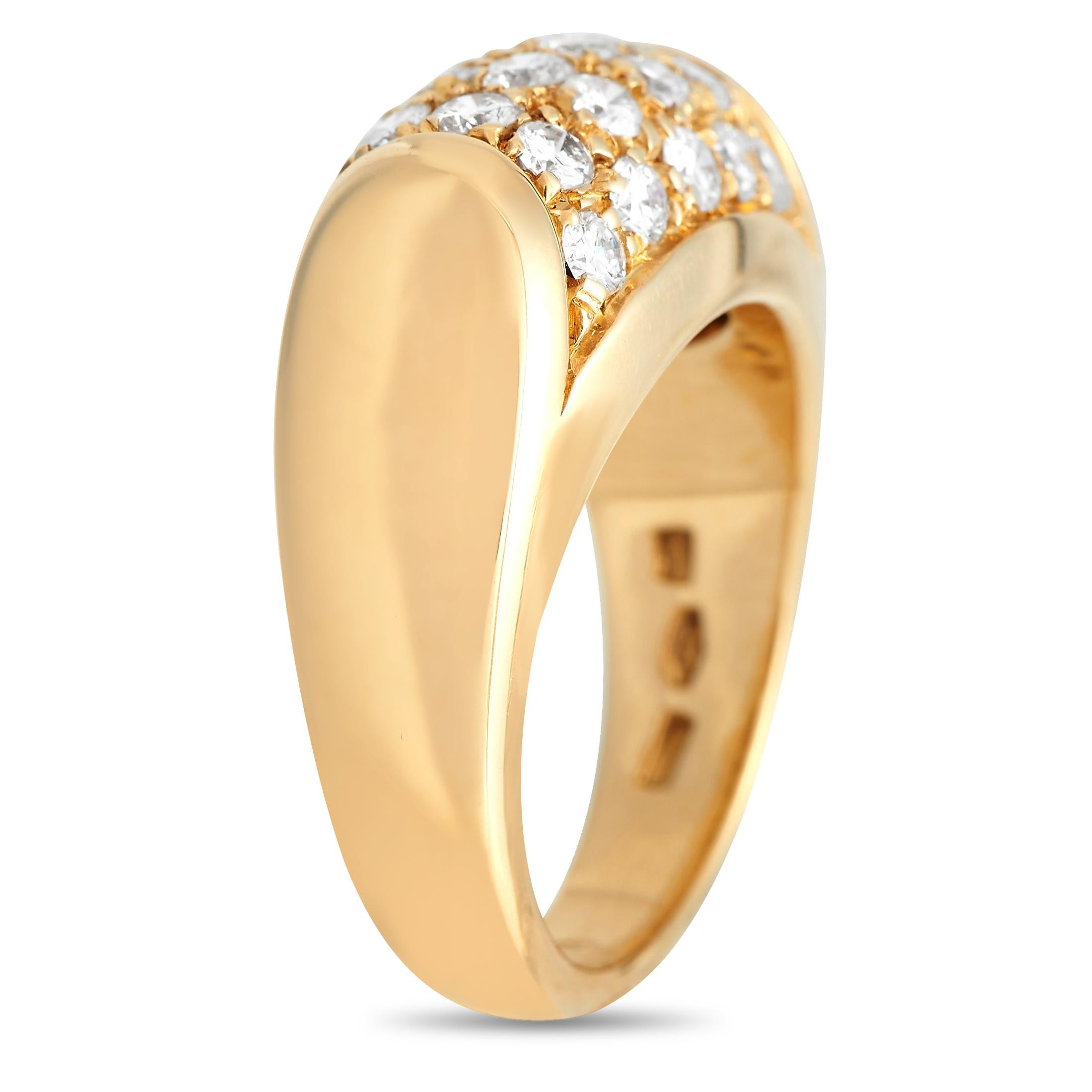 Shape, style, and sophistication all come in unison to form this exceptional piece of jewelry. The Bvlgari Tronchetto ring bears a tree trunk silhouette, stout and slightly tapering towards the back. A wide and domed top covered with multiple rows