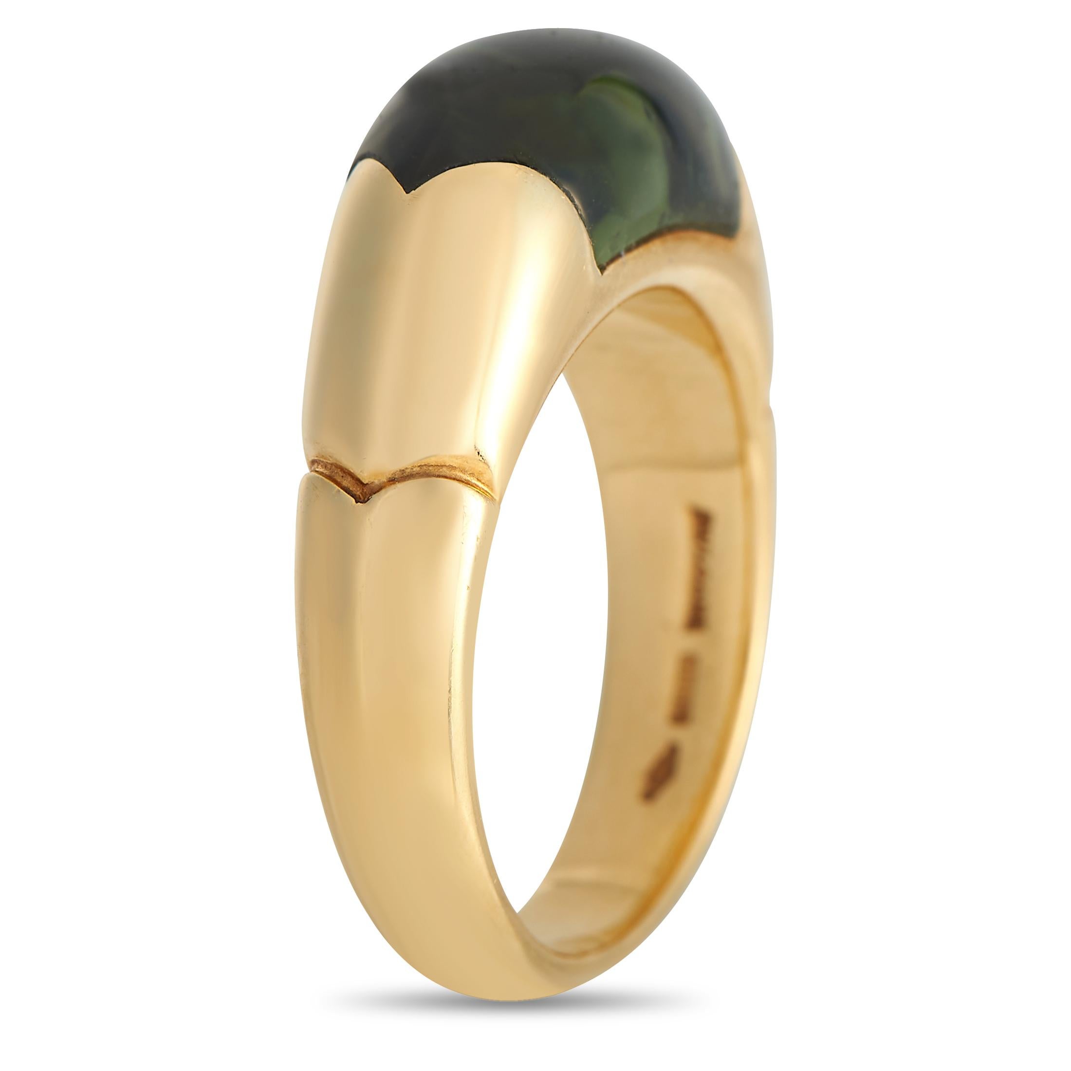 A luxe yet understated accessory perfect for polishing your daily wear and work wardrobe. This ring from Bvlgari's discontinued Tronchetto Collection features a domed shank that tapers towards the back. The band is crafted from 18K solid gold and