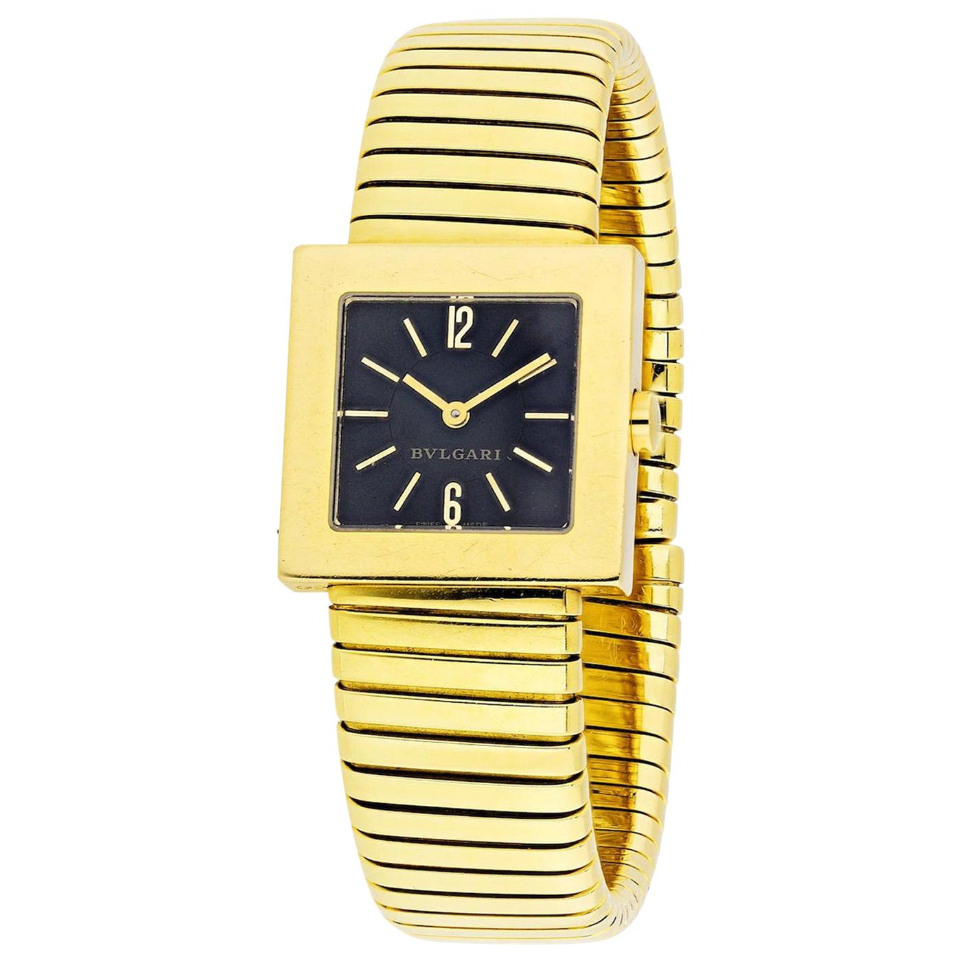 Bvlgari Tubogas 18 Karat Gelbgold Schwarze quadratische Vintage-Uhr mit quadratischem Zifferblatt im Angebot