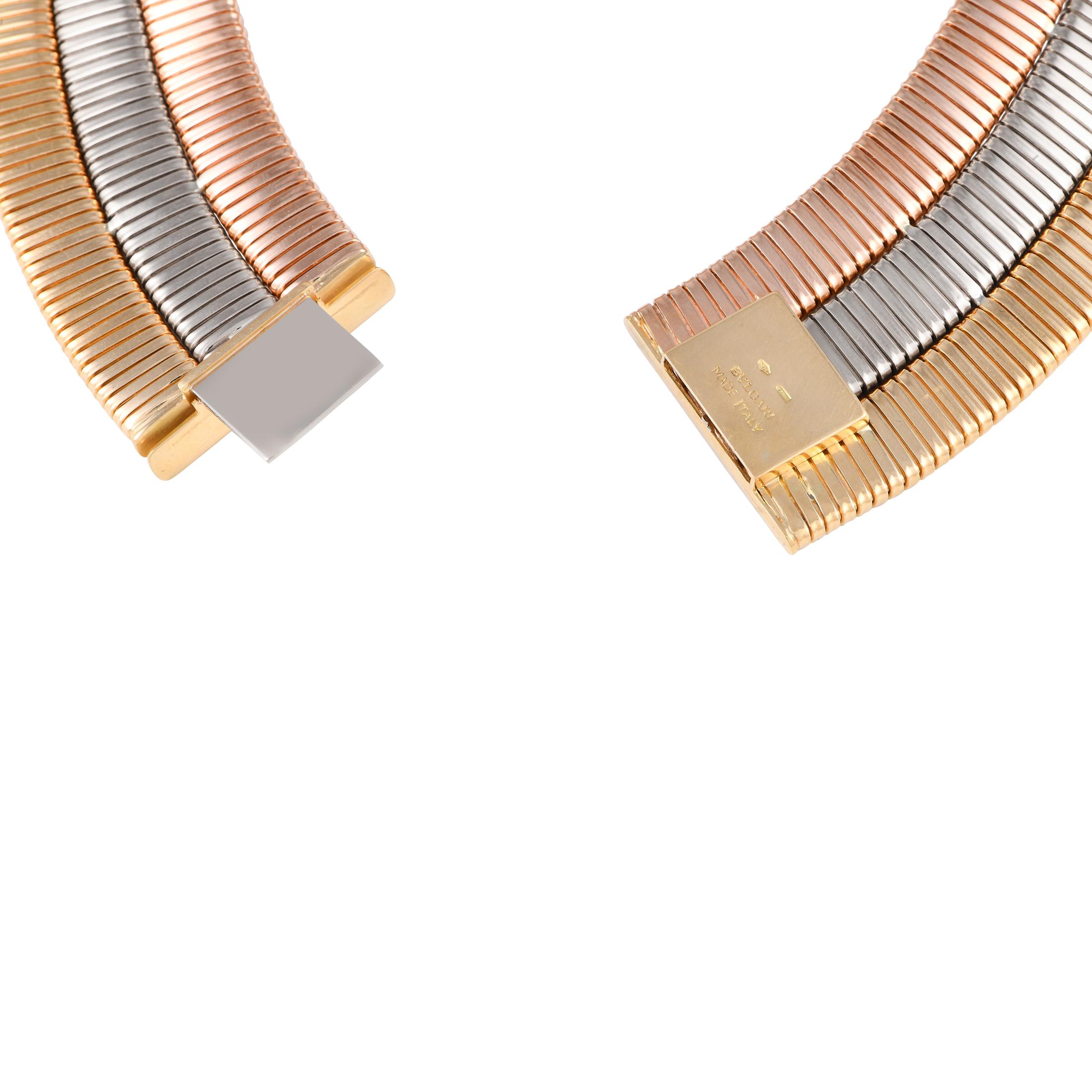 Bvlgari Tubogas 18K Rose, Yellow and White Gold Choker Necklace In Excellent Condition In Southampton, PA