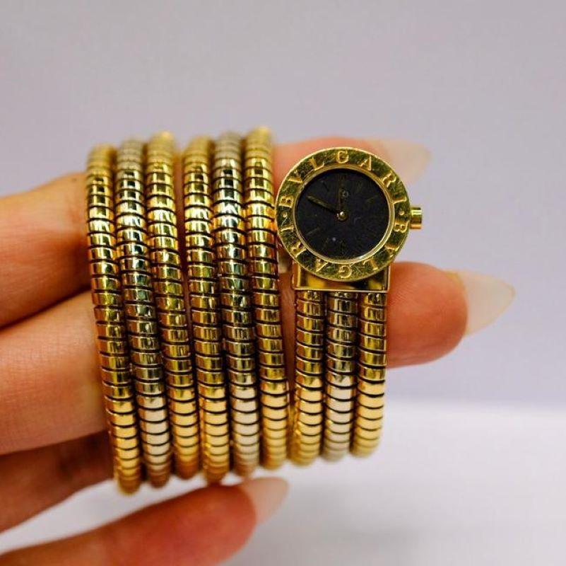 Bvlgari Tubogas 18K Tri Tone BB 19 1T Serpenti Runde schwarze Zifferblattuhr im Zustand „Hervorragend“ im Angebot in New York, NY