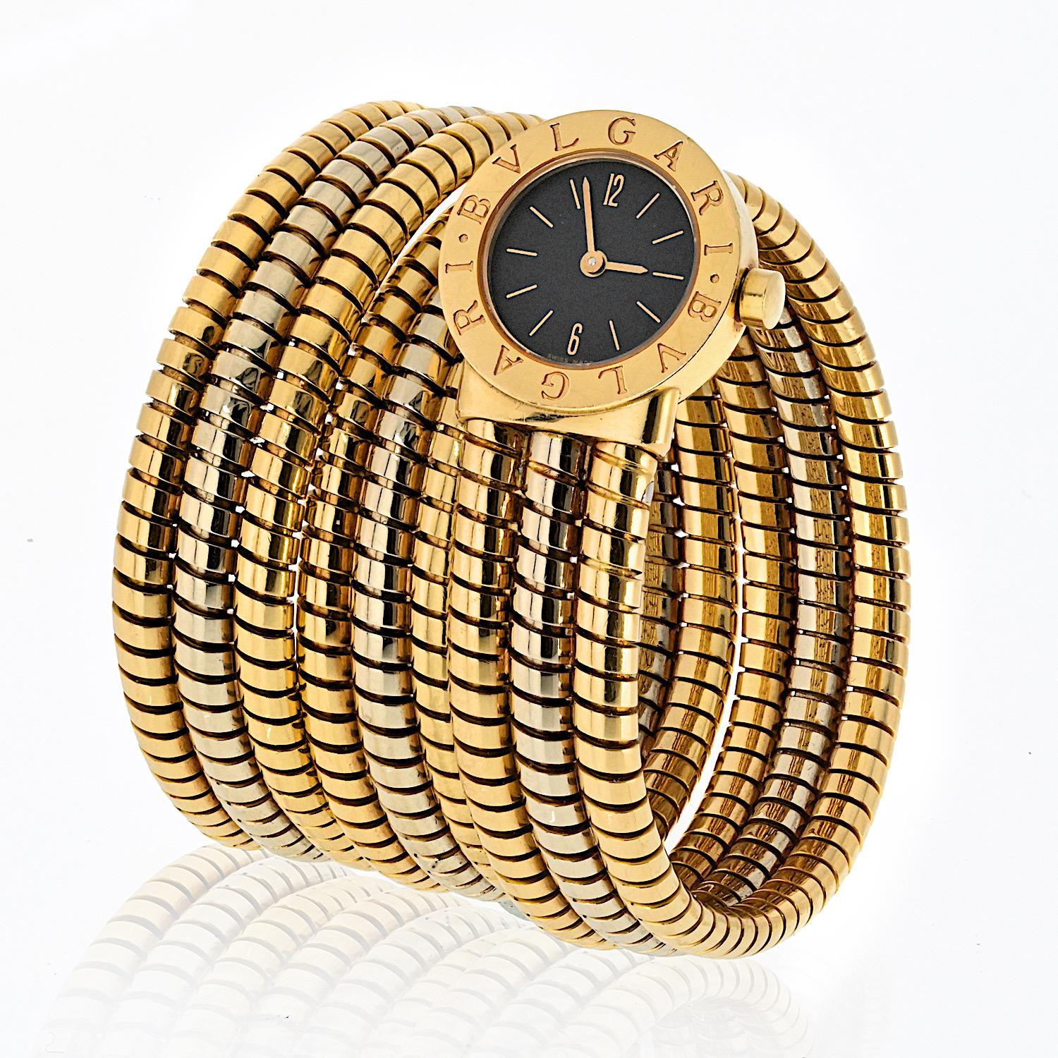Bvlgari Tubogas 18K Tri Tone BB 19 1T Serpenti Runde schwarze Zifferblattuhr Damen im Angebot