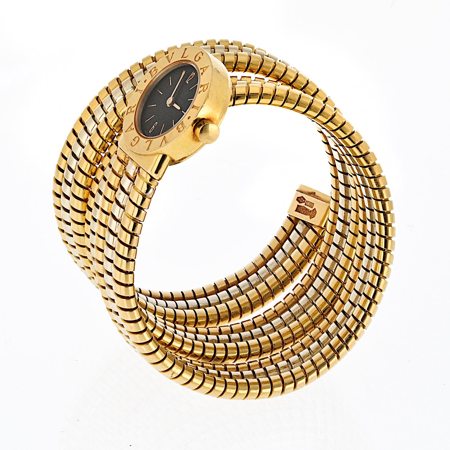Bvlgari Tubogas 18K Tri Tone BB 19 1T Serpenti Runde schwarze Zifferblattuhr im Angebot 1