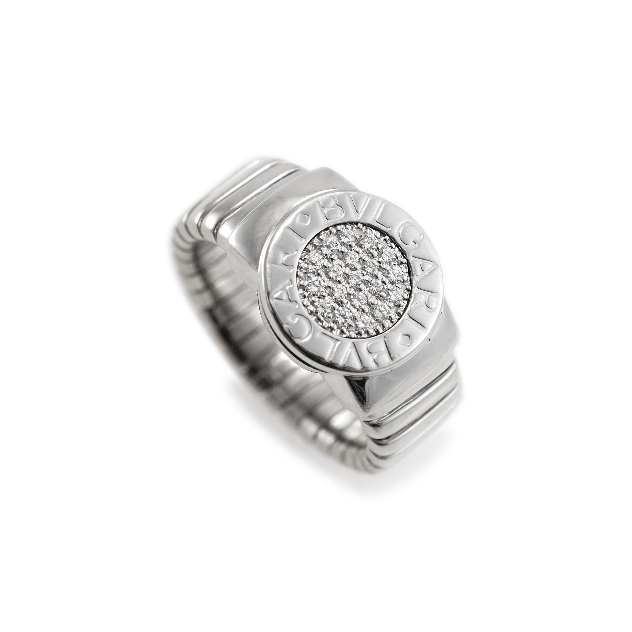 Brand: Bvlgari 

Metal Type: 18K White Gold 

Ring Size: 8.5 

Width: 12.75 mm

Weight: 18.97 grams

One 18K white gold diamond contemporary-style cocktail ring with an adjustable shank. The metal was tested and determined to be 18K white gold.
