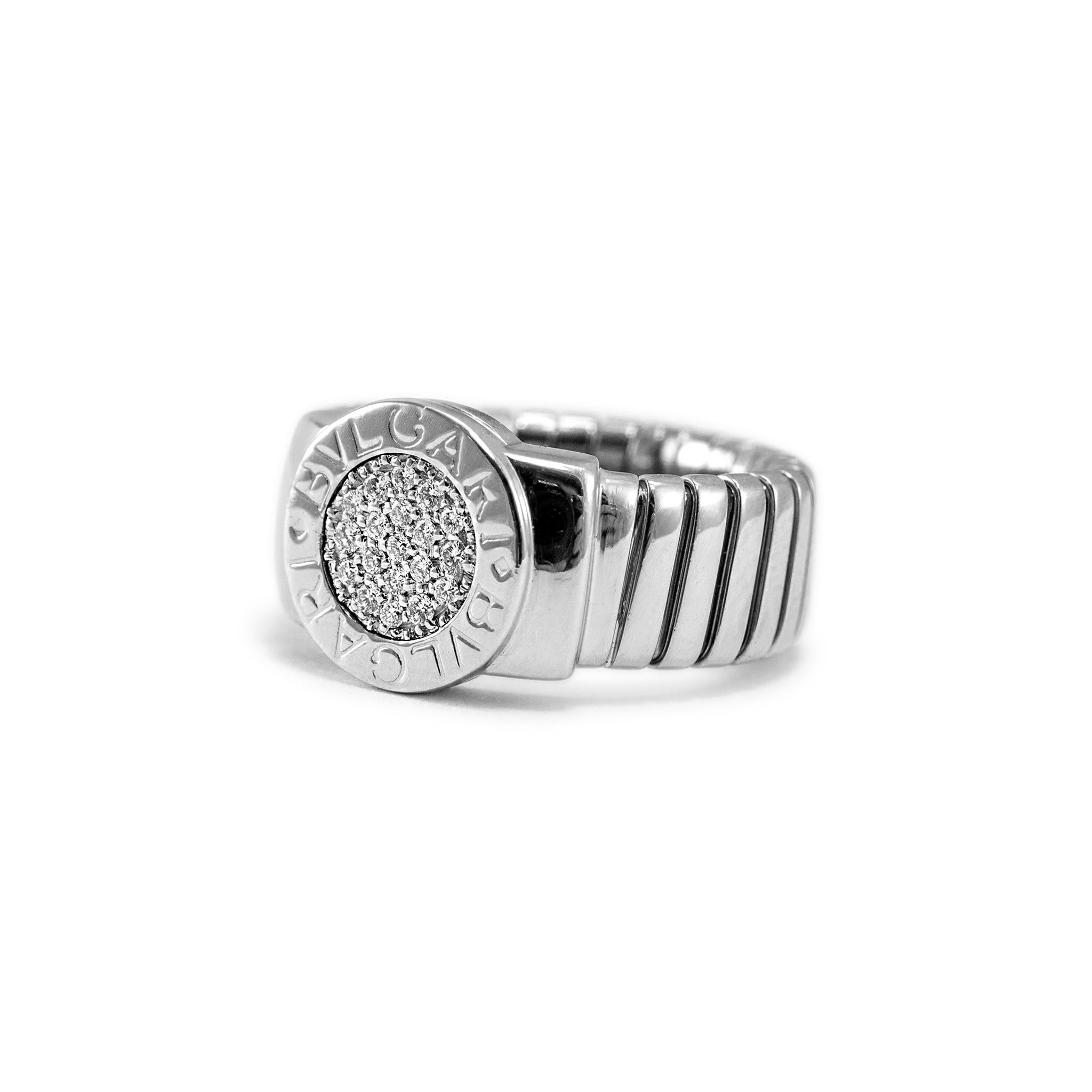 Round Cut Bvlgari Bvlgari Tubogas 18K White Gold Circle Pave Diamond Cocktail Ring For Sale