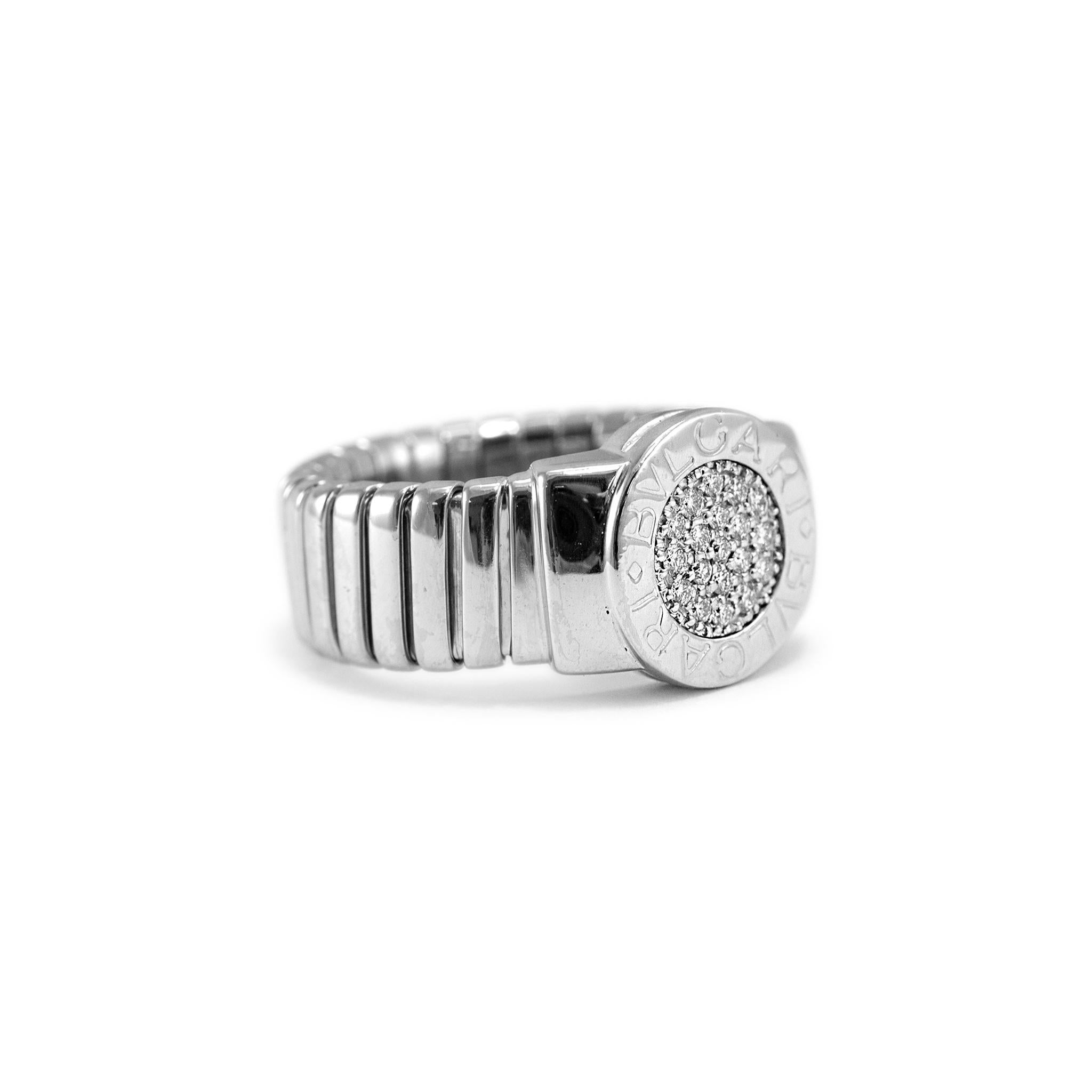 Bvlgari Bvlgari Tubogas 18K White Gold Circle Pave Diamond Cocktail Ring In Excellent Condition For Sale In Houston, TX