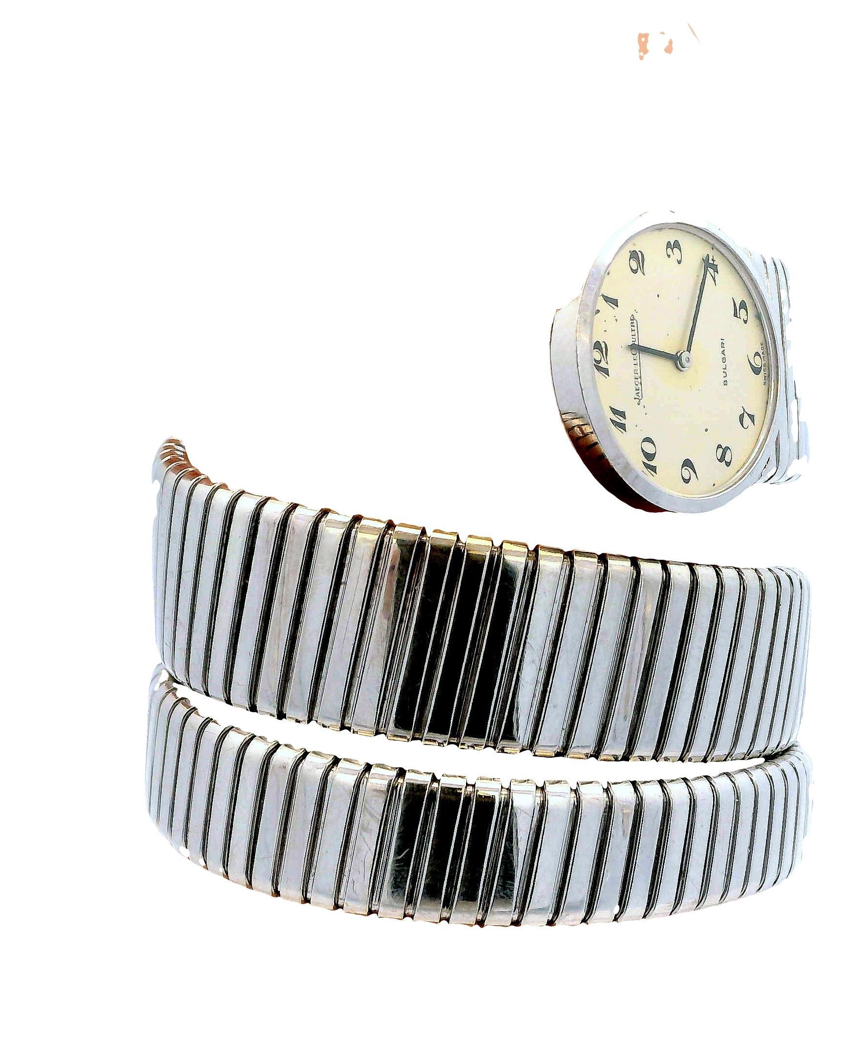 Vintage Bvlgari Tubogas features an 18K white gold bracelet with a Jaeger-LeCoultre manual movement.