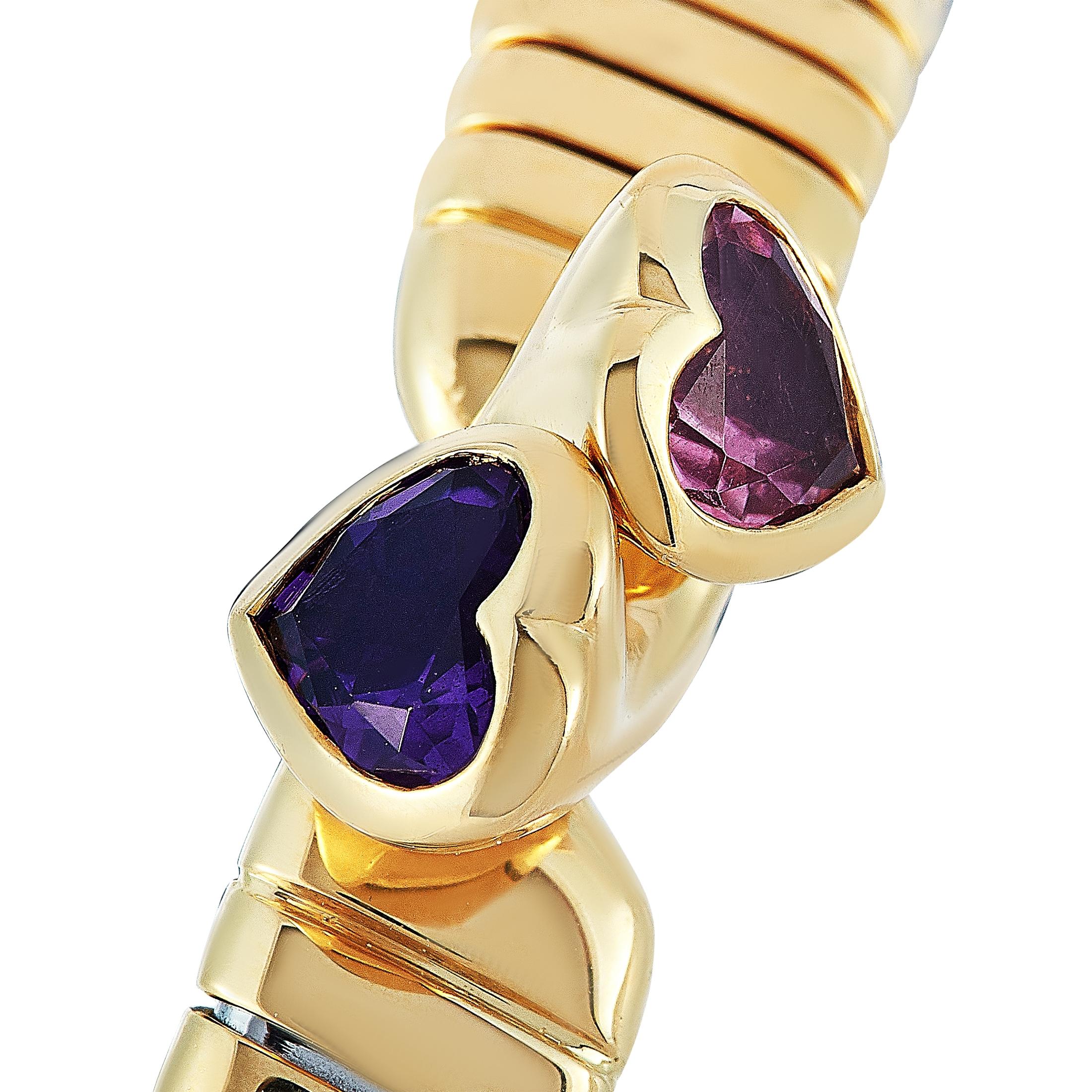Bvlgari Tubogas 18K Yellow Gold Amethyst and Tourmaline Heart Bangle Bracelet In Excellent Condition In Southampton, PA