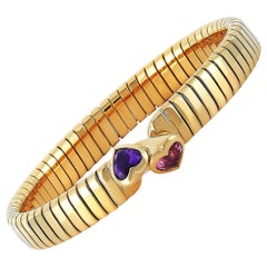 Bvlgari Tubogas 18K Gelbgold Amethyst und Turmalin Herz-Armreif