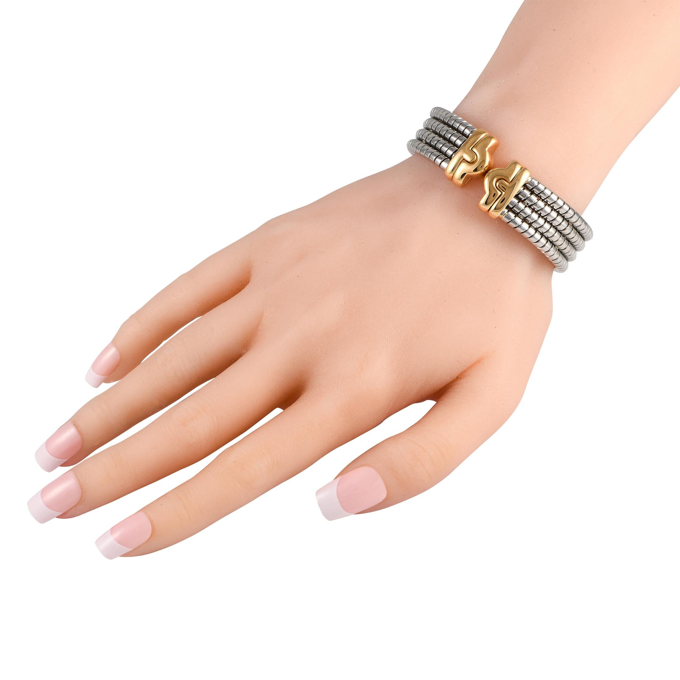 Designed with coils of steel, this two-toned bracelet is a highly desirable piece from Bvlgari's prized Tubogas Collection. The bracelet features a simple yet elegant design, with four flexible rows of polished coiled steel. The cuff's ends are