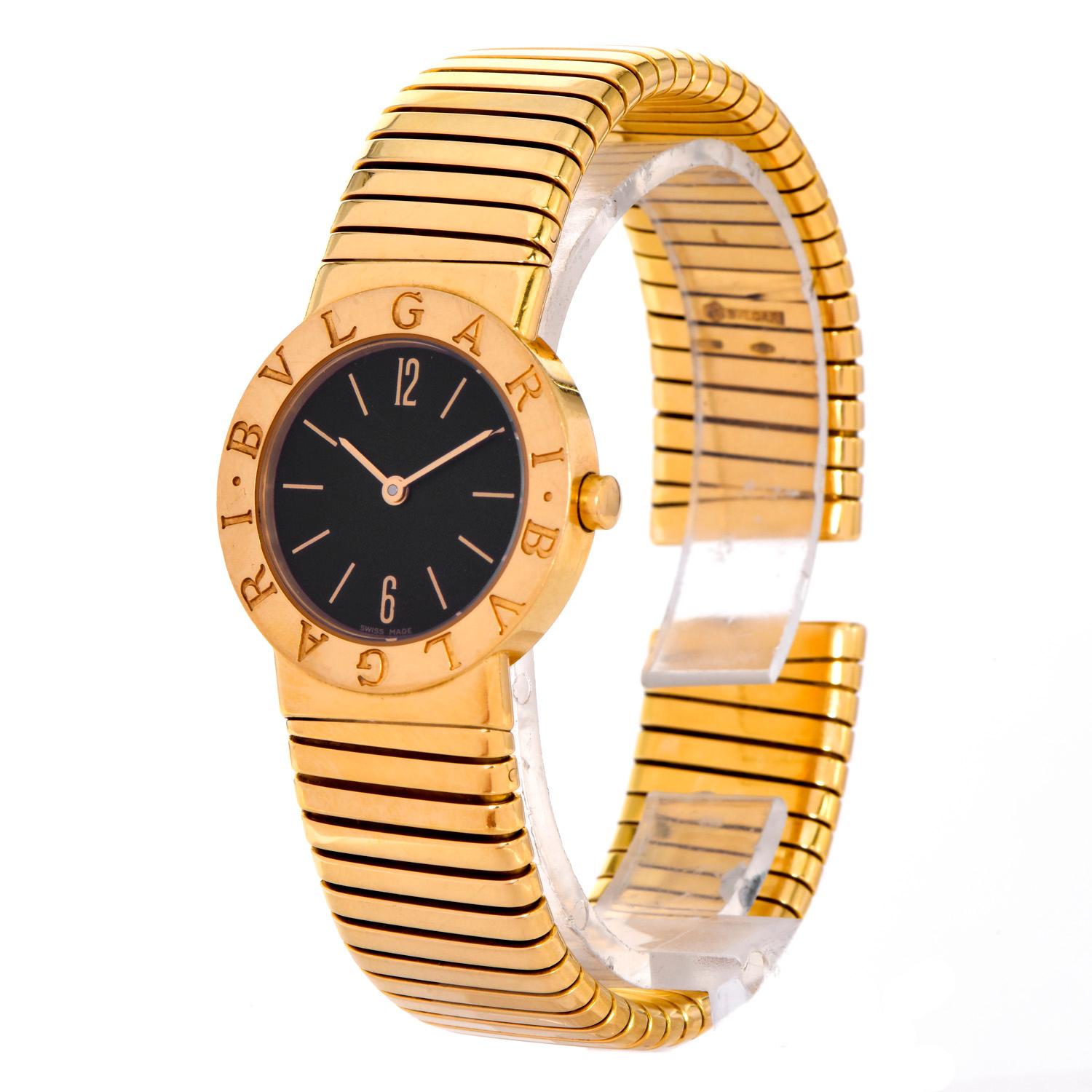 Modern Bvlgari Tubogas 18K Yellow Gold Black Dial Swiss Ladies Watch For Sale