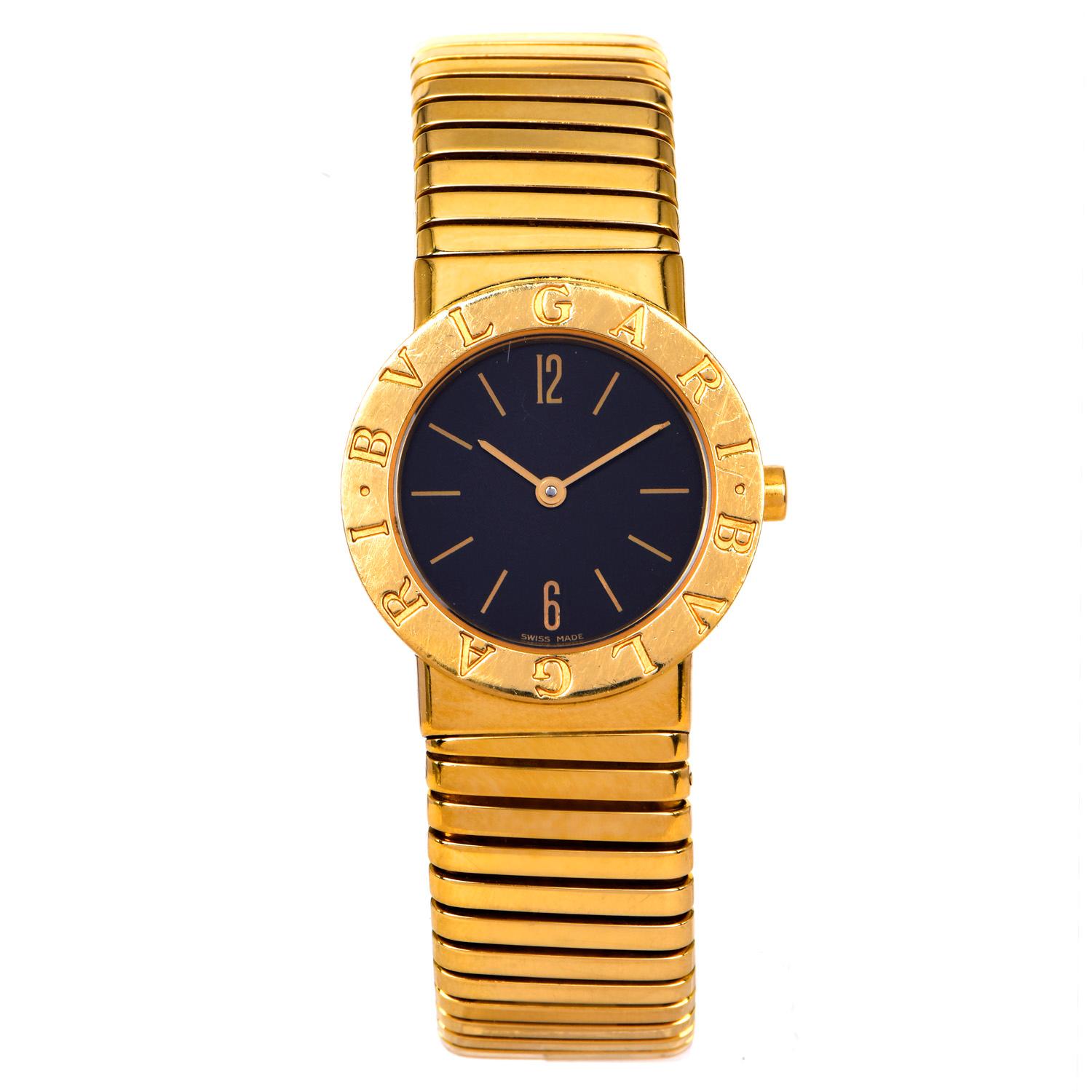 Bvlgari Tubogas 18K Yellow Gold Black Dial Swiss Ladies Watch In Excellent Condition For Sale In Miami, FL