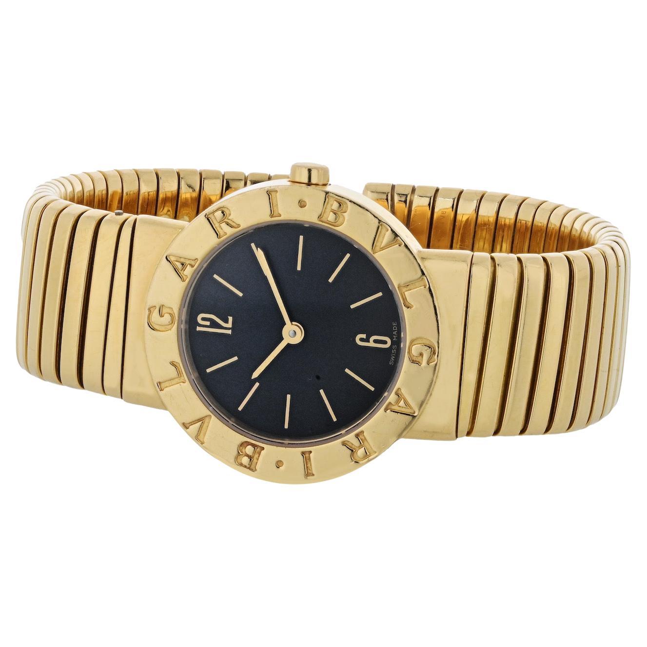Bvlgari Tubogas 18K Yellow Gold Tubogas 26mm Black Round Dial Watch For Sale