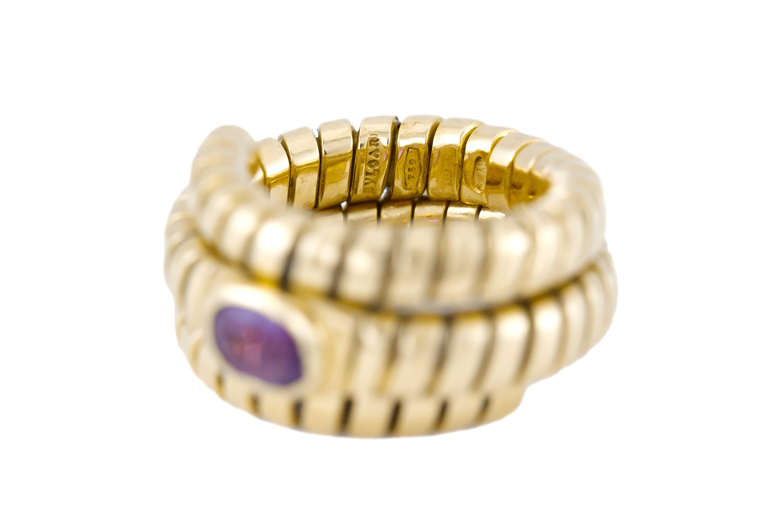 The ring is finely crafted in 18k yellow gold with one amethyst weighing approximately total of 0.80 carat.
Signed by Bvlgari.