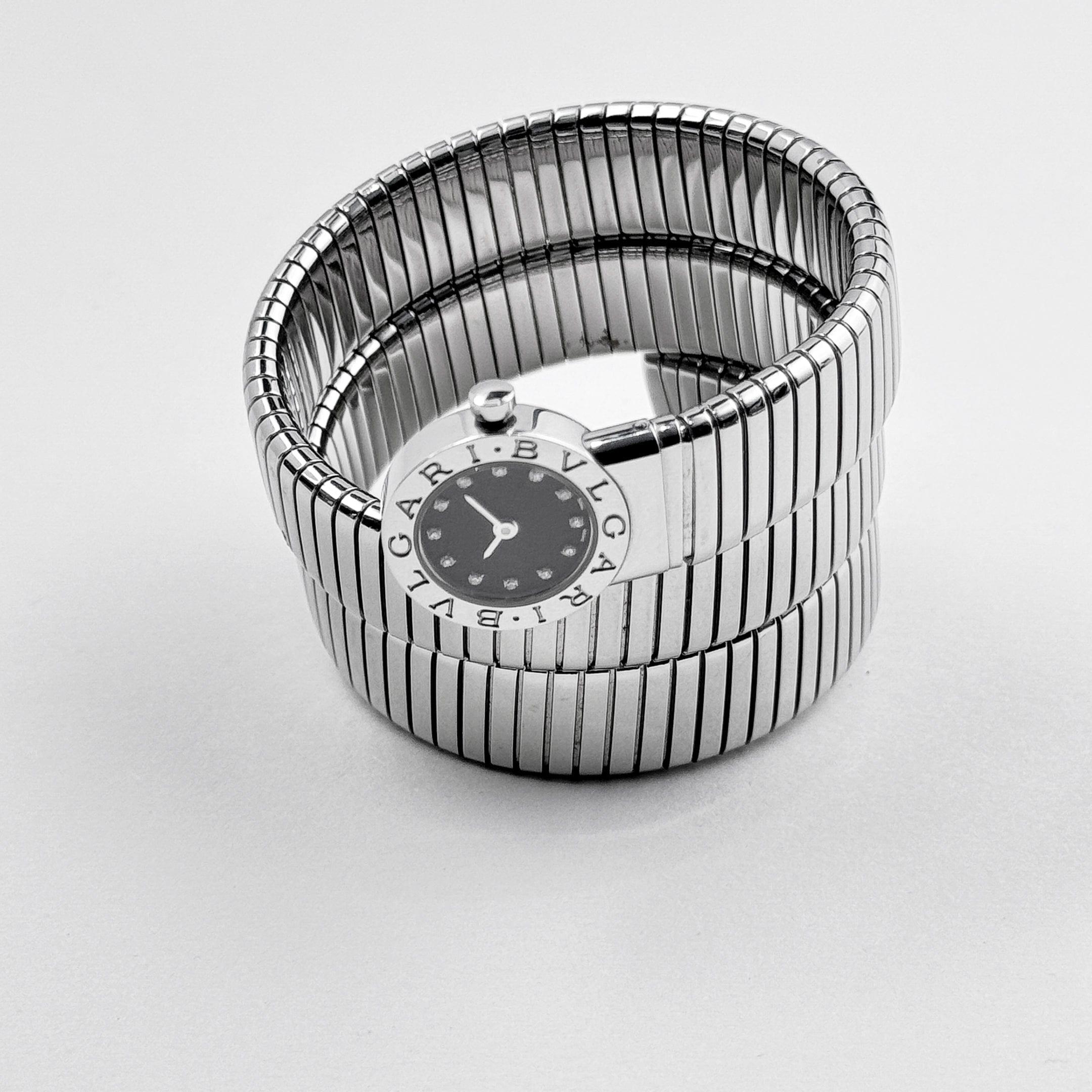 BVLGARI Tubogas BB191TS 3 rangées de cadrans en acier inoxydable avec diamants Bon état - En vente à New York, NY