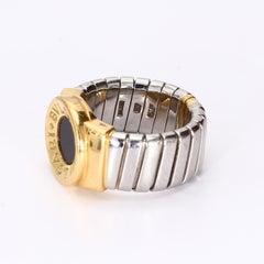 BVLGARI "Tubogas" Black Onyx 18k Yellow Gold & Steel Ring - Size 5 Adjustable