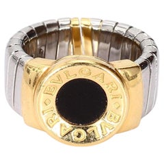BVLGARI "Tubogas" Black Onyx 18k Yellow Gold & Steel Ring - Size 5 Adjustable