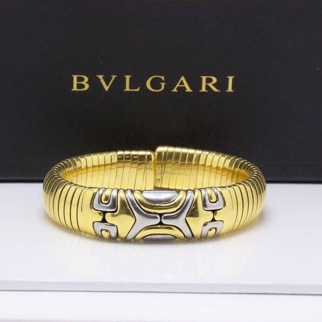 Bvlgari Tubogas Bracelet Cuff 18 Karat White and Yellow Gold Alveare In Excellent Condition In San Diego, CA