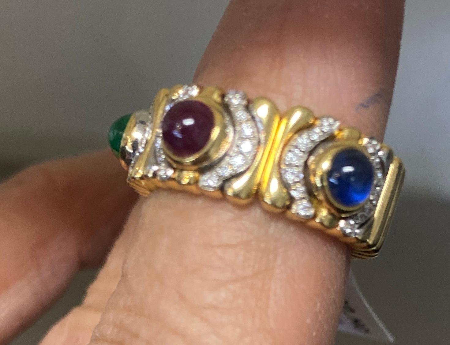 Bvlgari Tubogas Cabochon Ruby, Emerald & Sapphire Ring

18-karat yellow, expandable iconic Bvlgari ring has alternating gemstones surrounded by diamonds. The measurements of the ring are 8.08 mm wide and will accompany any finger size due to the