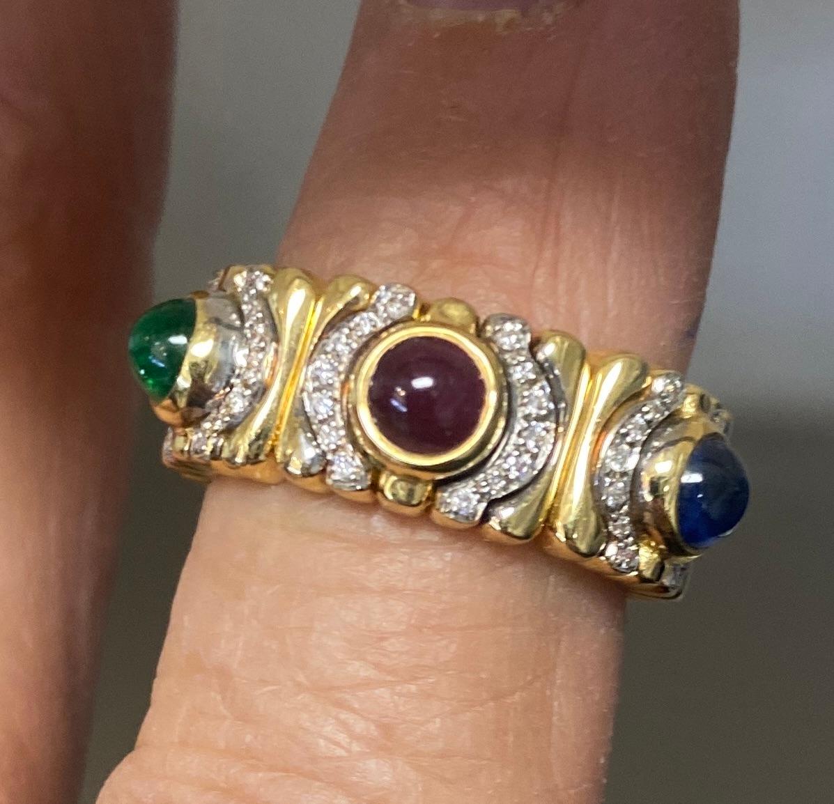 Retro Bvlgari Tubogas Cabochon Ruby, Emerald & Sapphire Ring
