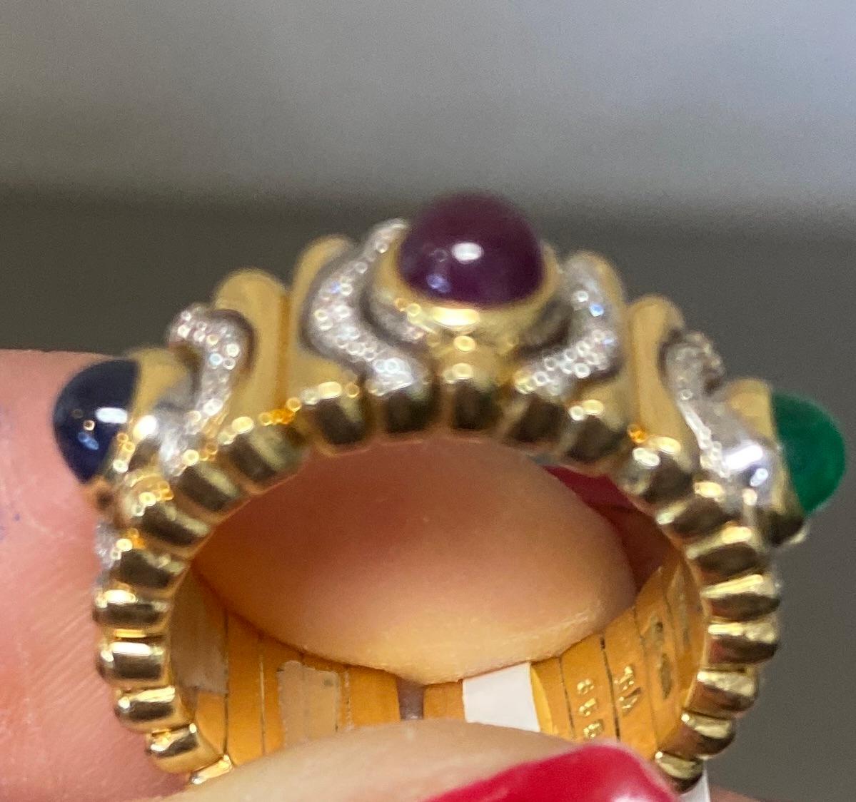 Bvlgari Tubogas Cabochon Ruby, Emerald & Sapphire Ring In Excellent Condition In Laguna Hills, CA