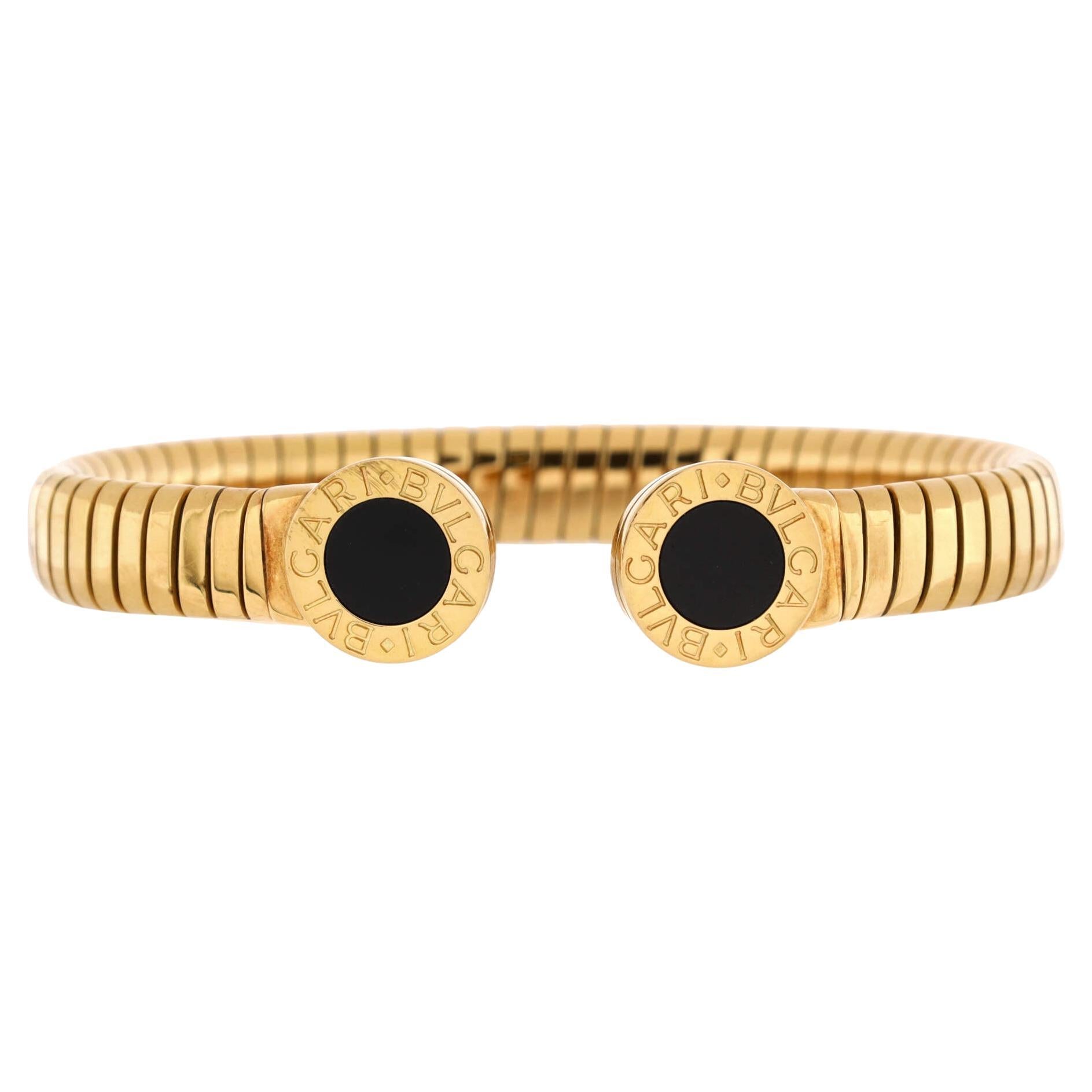 Bvlgari Tubogas Cuff Bangle Bracelet 18K Yellow Gold with Onyx For Sale
