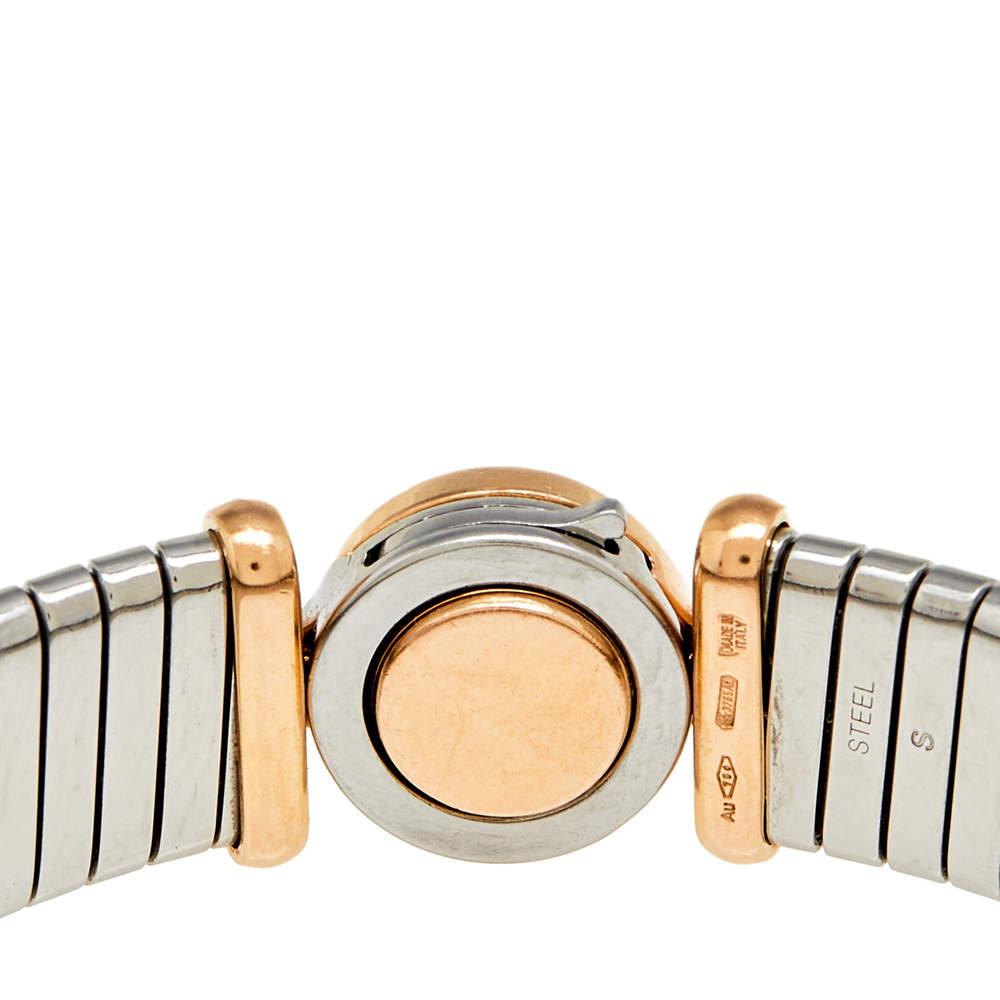 Beautify your wrist with this stunner of a bracelet from Bvlgari. The Bvlgari Tubogas bracelet piece has been crafted from stainless steel in a cuff style and centered with an 18k rose detail featuring dazzling diamonds and brand