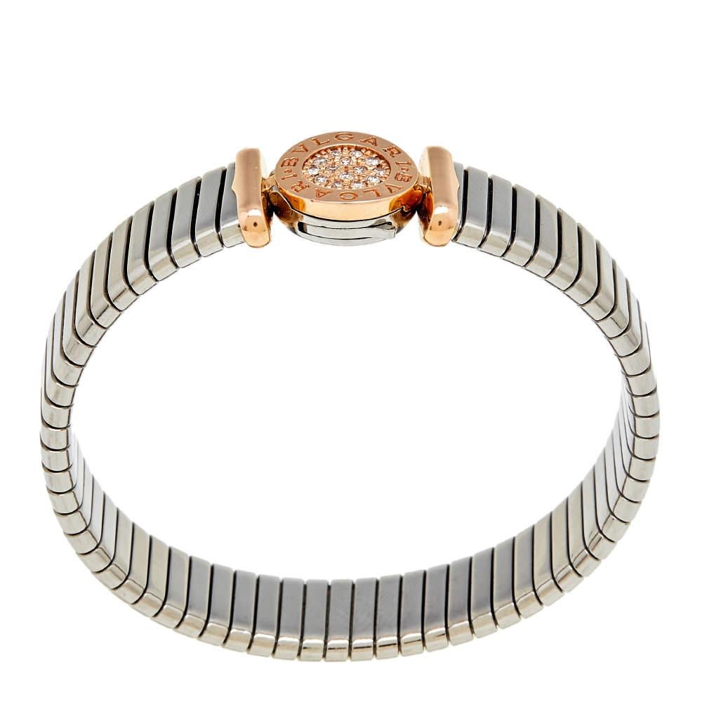 Contemporary Bvlgari Tubogas Diamond 18K Rose Gold & Steel Cuff Bracelet S
