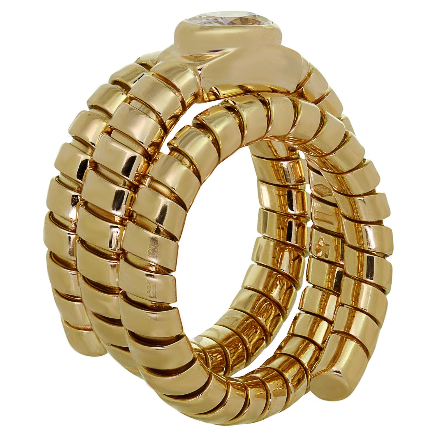 Oval Cut BVLGARI Tubogas Diamond 18k Yellow Gold 3-Row Wrap Ring  For Sale