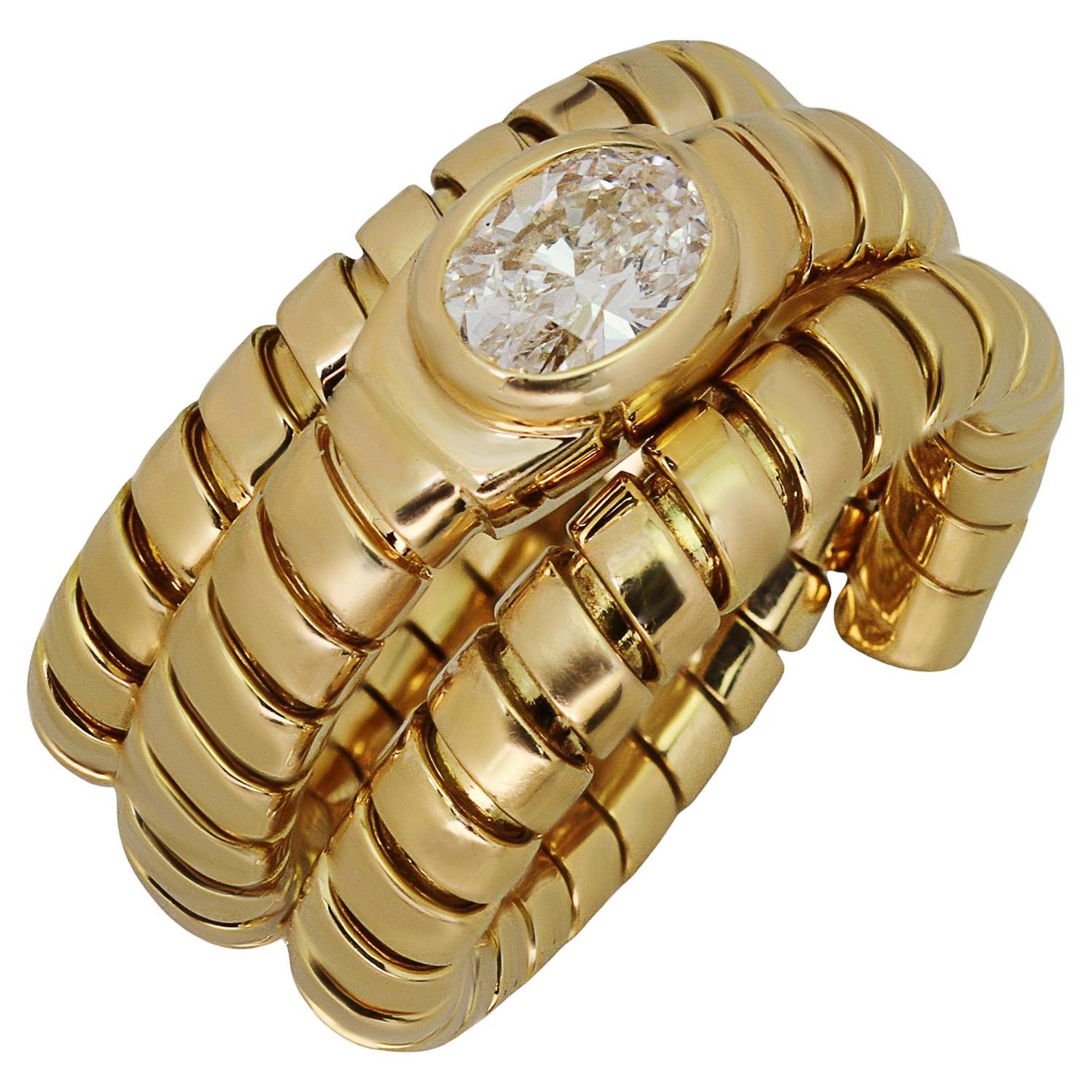 BVLGARI Tubogas Diamond 18k Yellow Gold 3-Row Wrap Ring  For Sale