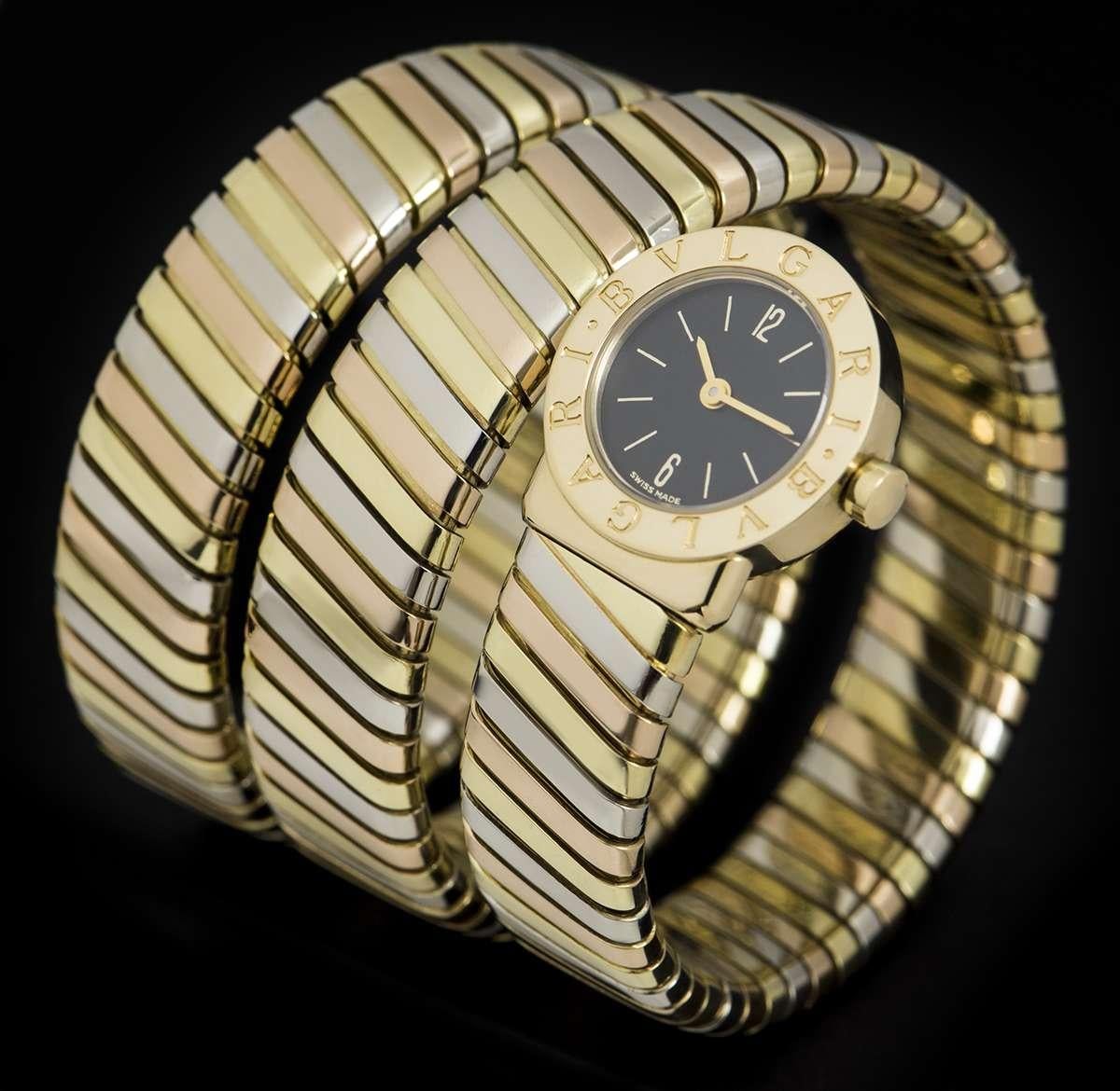 Bvlgari Tubogas Ladies Tri-Gold Black Dial BB191T Quartz Wristwatch In Good Condition In London, GB