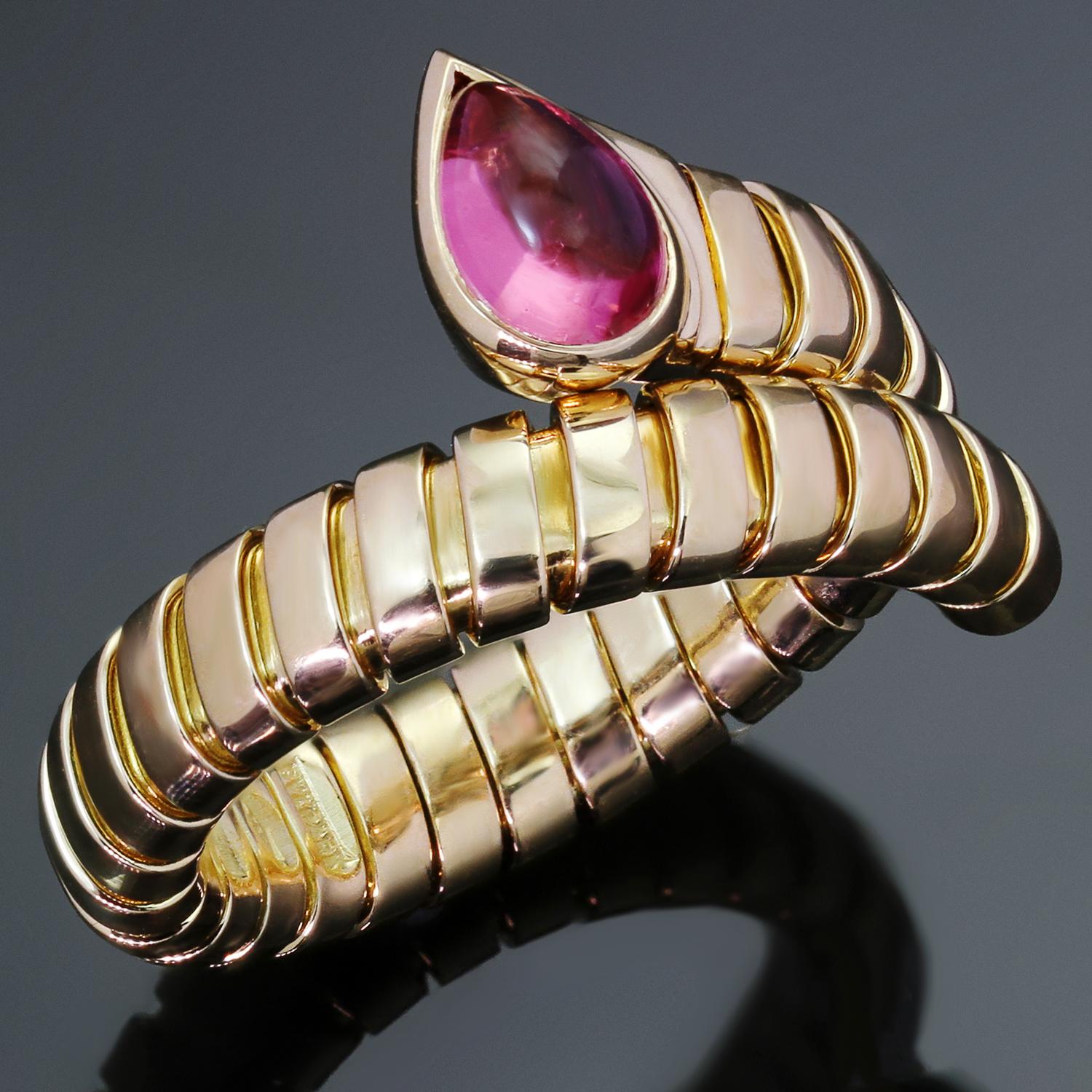 This gorgeous Bvlgari ring from the iconic Tubogas collection features a slightly adjustable wrap design crafted in 18k yellow gold and accented with a pear-cut pink tourmaline. Marked Bvlgari, 750, Italian marks. The ring is adjustable from 6.5 to