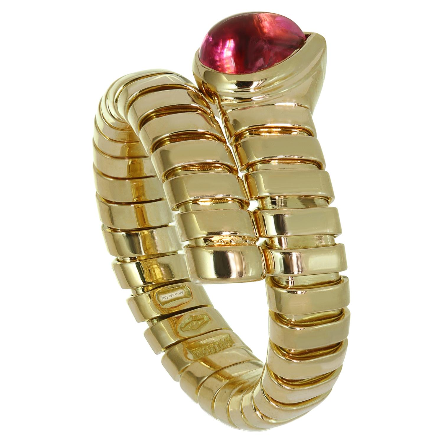 Pear Cut Bvlgari Tubogas Pink Tourmaline 18k Yellow Gold Ring For Sale